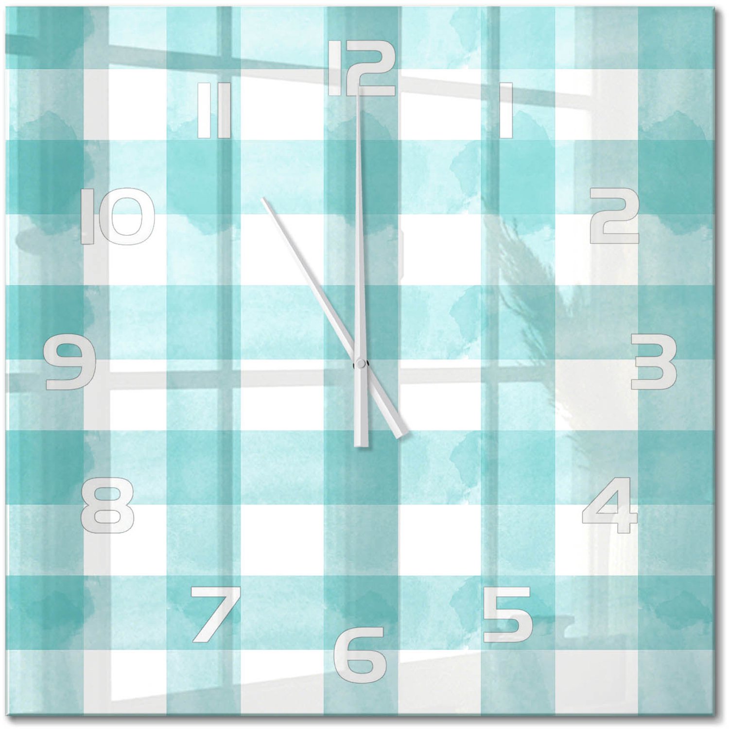 TULUP Wandklok - Blauw raster Glazen Klok Met Print - 60x60 cm - Blauw Wandklok Glas Met Motief - Witte handen - Vierkante Klok - Wandklok Glas Decoratie - Gekleurde Glazen Klok