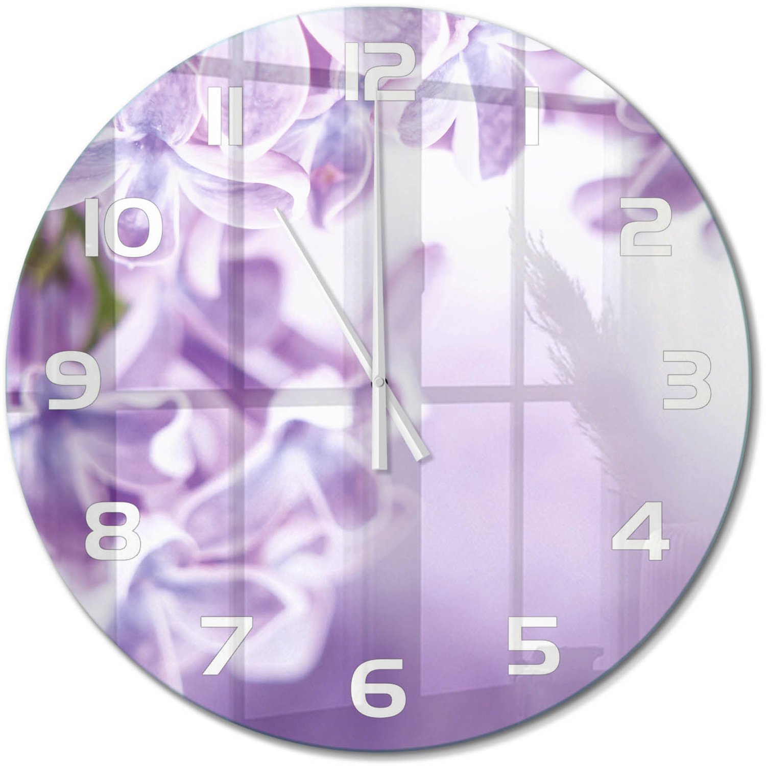 TULUP Wandklok - Paarse bloemen Glazen Klok Met Print - fi60 cm - Paars Wandklok Glas Met Motief - Witte handen - Ronde Klok - Wandklok Glas Decoratie - Gekleurde Glazen Klok
