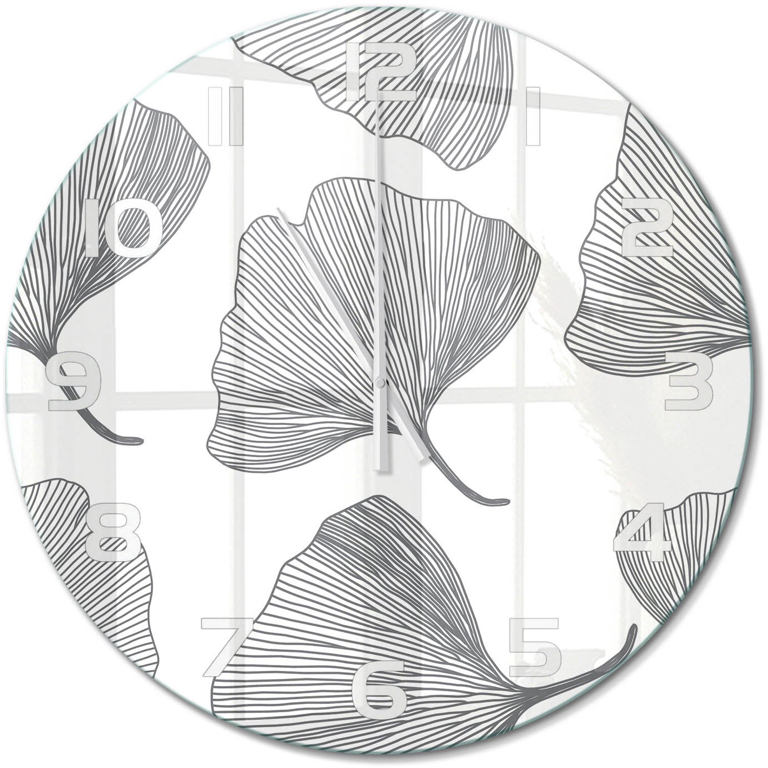 TULUP Wandklok - Ginkgo Decoratieve Glazen Klok - fi60 cm - Zwart-wit Glazen Wandklok Design - Witte handen - Ronde Klok - Glazen Klok Met Print - Wandklok Glas Met Motief