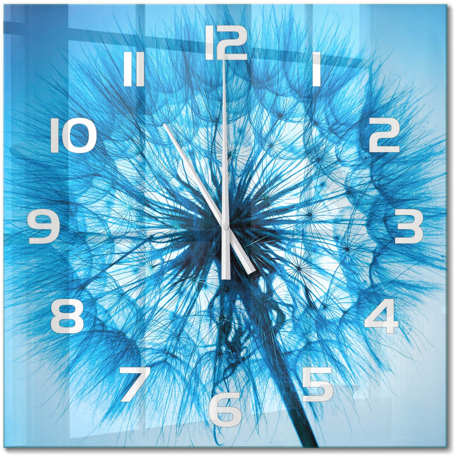 TULUP Wandklok - Paardebloem Decoratieve Glazen Klok - 60x60 cm - Blauw Glazen Wandklok Design - Witte handen - Vierkante Klok - Glazen Klok Met Print - Wandklok Glas Met Motief