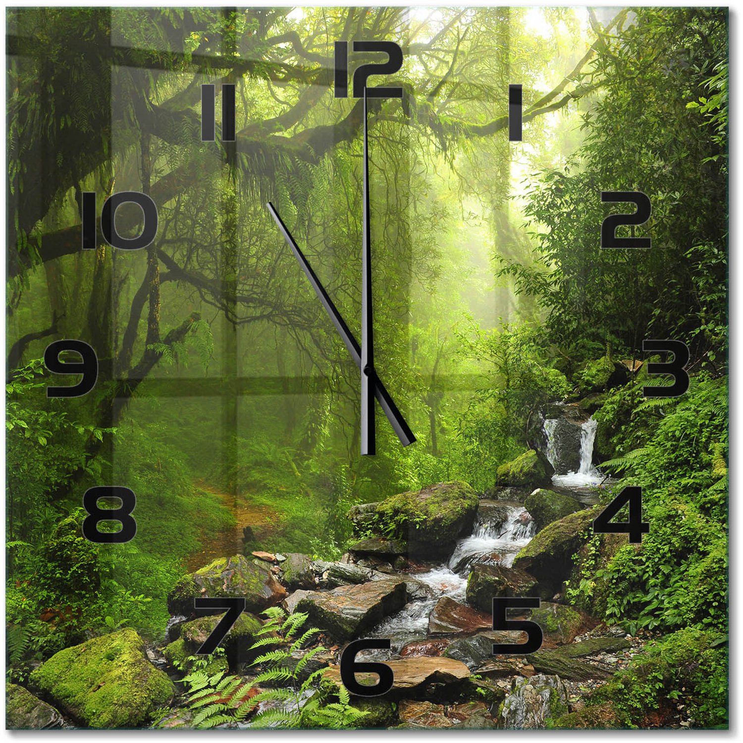 TULUP Wandklok - Oerwoud in Nepal Wandklok Glas Decoratie - 60x60 cm - Groente Gekleurde Glazen Klok - Zwarte handen - Vierkante Klok - Klok Glas Met Opdruk - Moderne Wandklok Glas