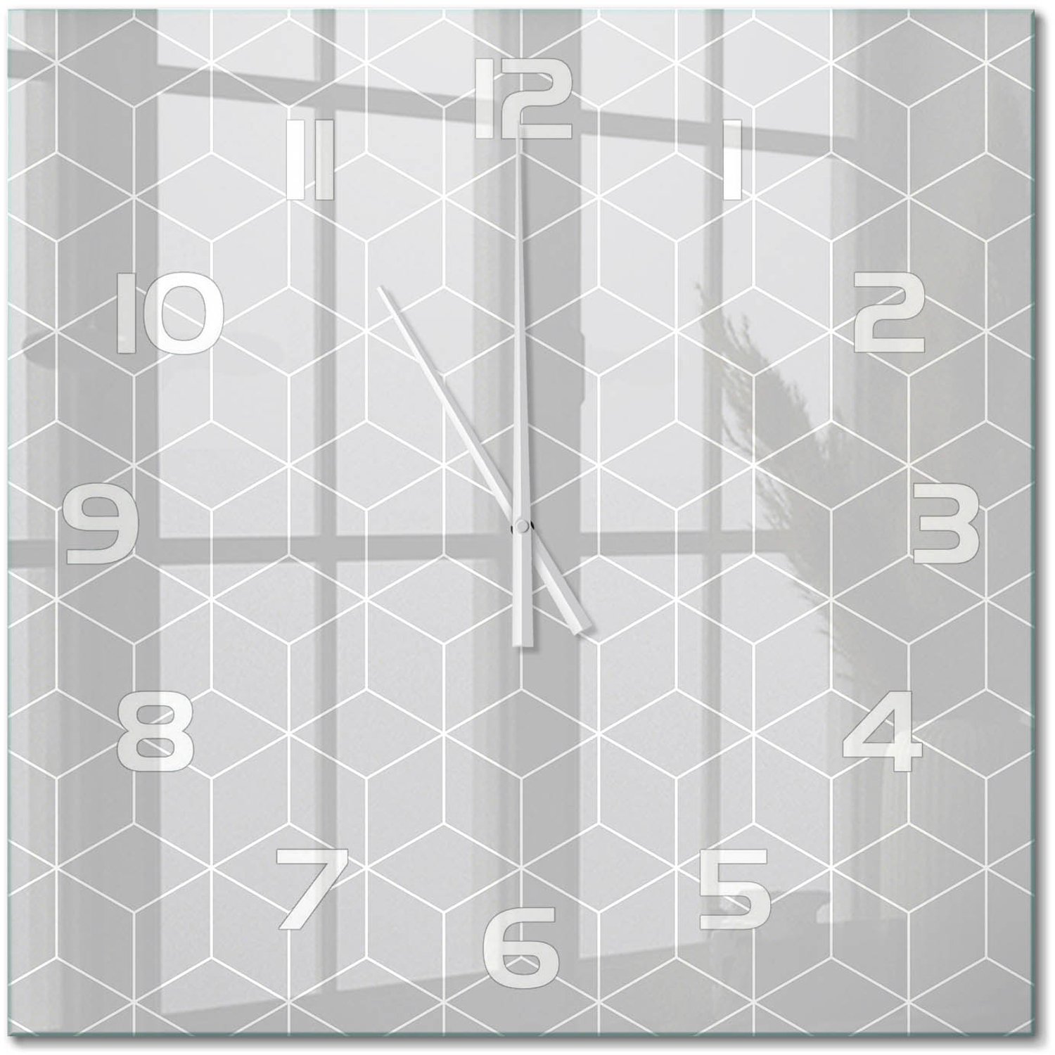 TULUP Wandklok - Geometrische achtergrond Wandklok Glas Met Motief - 60x60 cm - Grijs Decoratieve Glazen Klok - Witte handen - Vierkante Klok - Gekleurde Glazen Klok - Glazen Klok Met Print