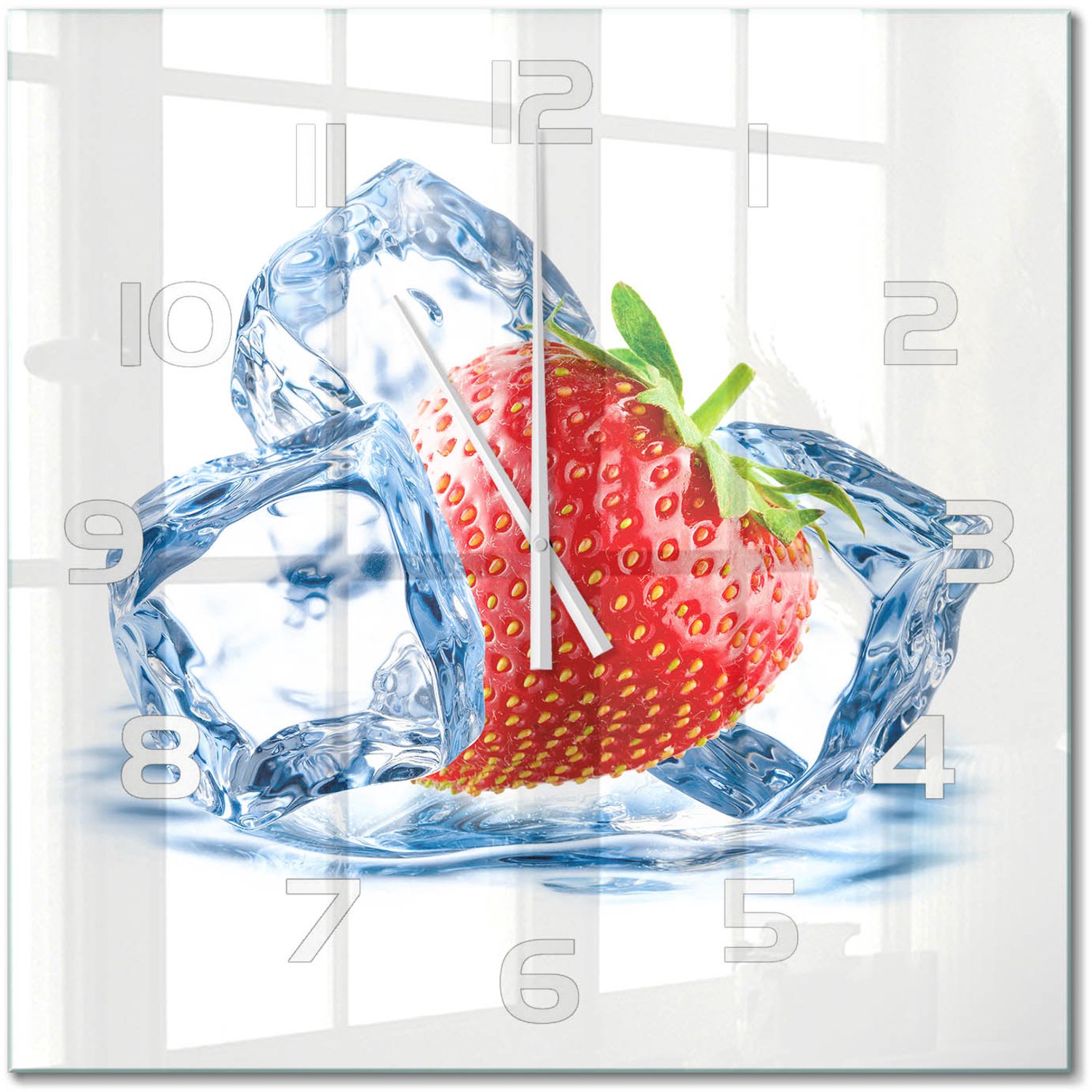 TULUP Wandklok - Aardbei met ijs Wandklok Glas Met Motief - 60x60 cm - Rood Decoratieve Glazen Klok - Witte handen - Vierkante Klok - Gekleurde Glazen Klok - Glazen Klok Met Print