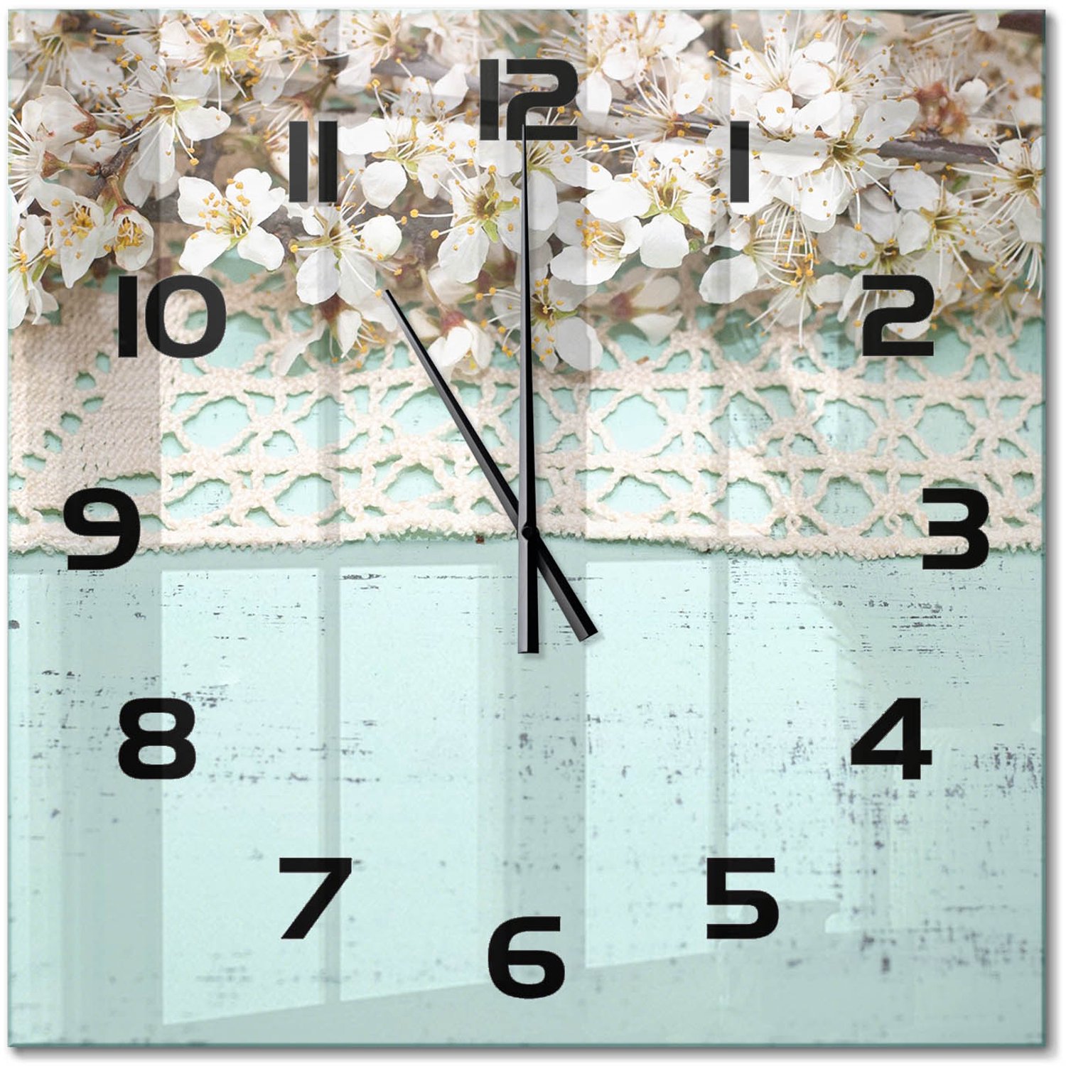 TULUP Wandklok - Kersenbloesem Moderne Wandklok Glas - 60x60 cm - Beige Wandklok Glas Decoratie - Zwarte handen - Vierkante Klok - Glazen Wandklok Design - Klok Glas Met Opdruk