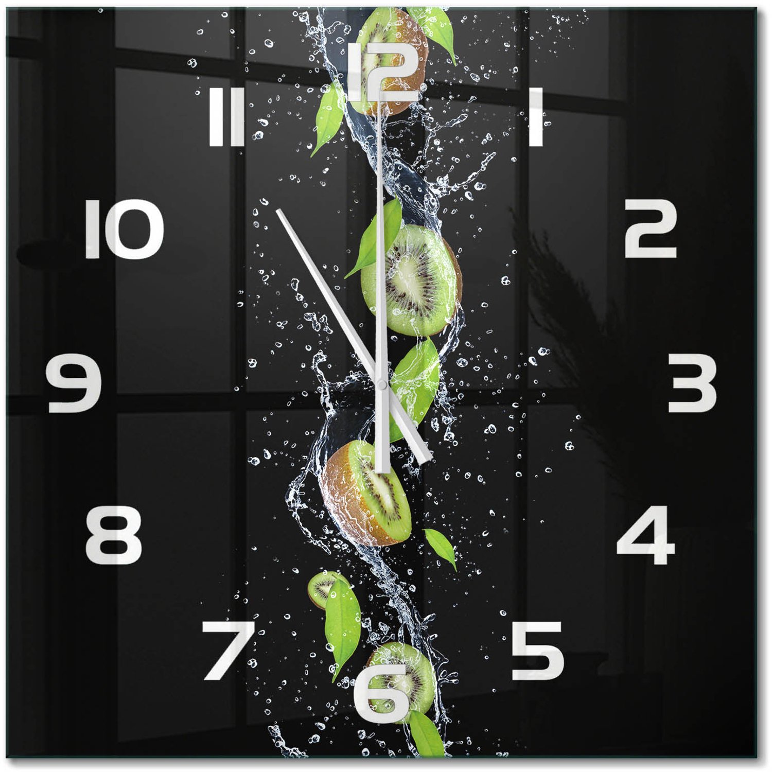 TULUP Wandklok - Kiwi en water Decoratieve Glazen Klok - 60x60 cm - Groente Glazen Wandklok Design - Witte handen - Vierkante Klok - Glazen Klok Met Print - Wandklok Glas Met Motief