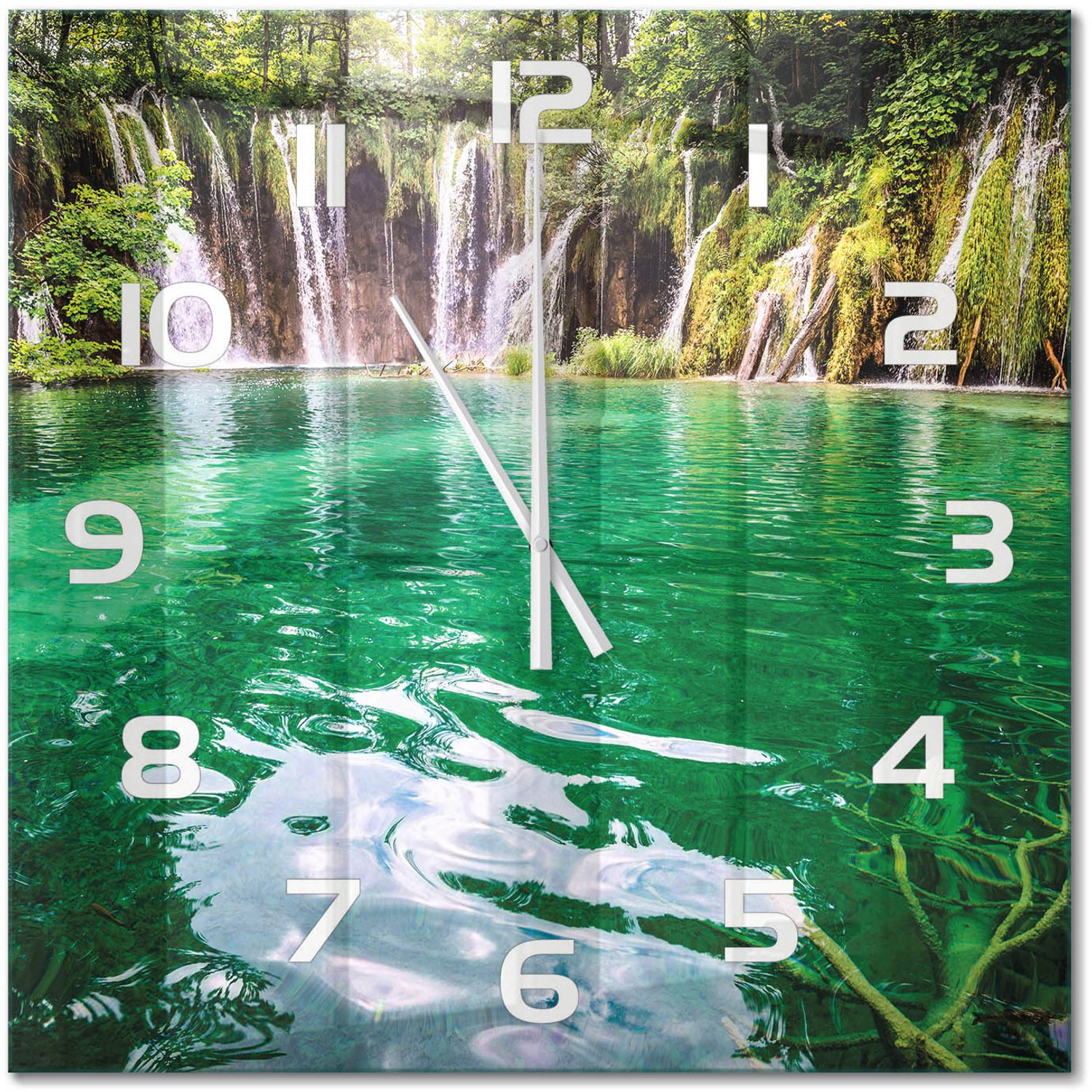 TULUP Wandklok - Plitvice-meren Wandklok Glas Met Motief - 60x60 cm - Groente Decoratieve Glazen Klok - Witte handen - Vierkante Klok - Gekleurde Glazen Klok - Glazen Klok Met Print