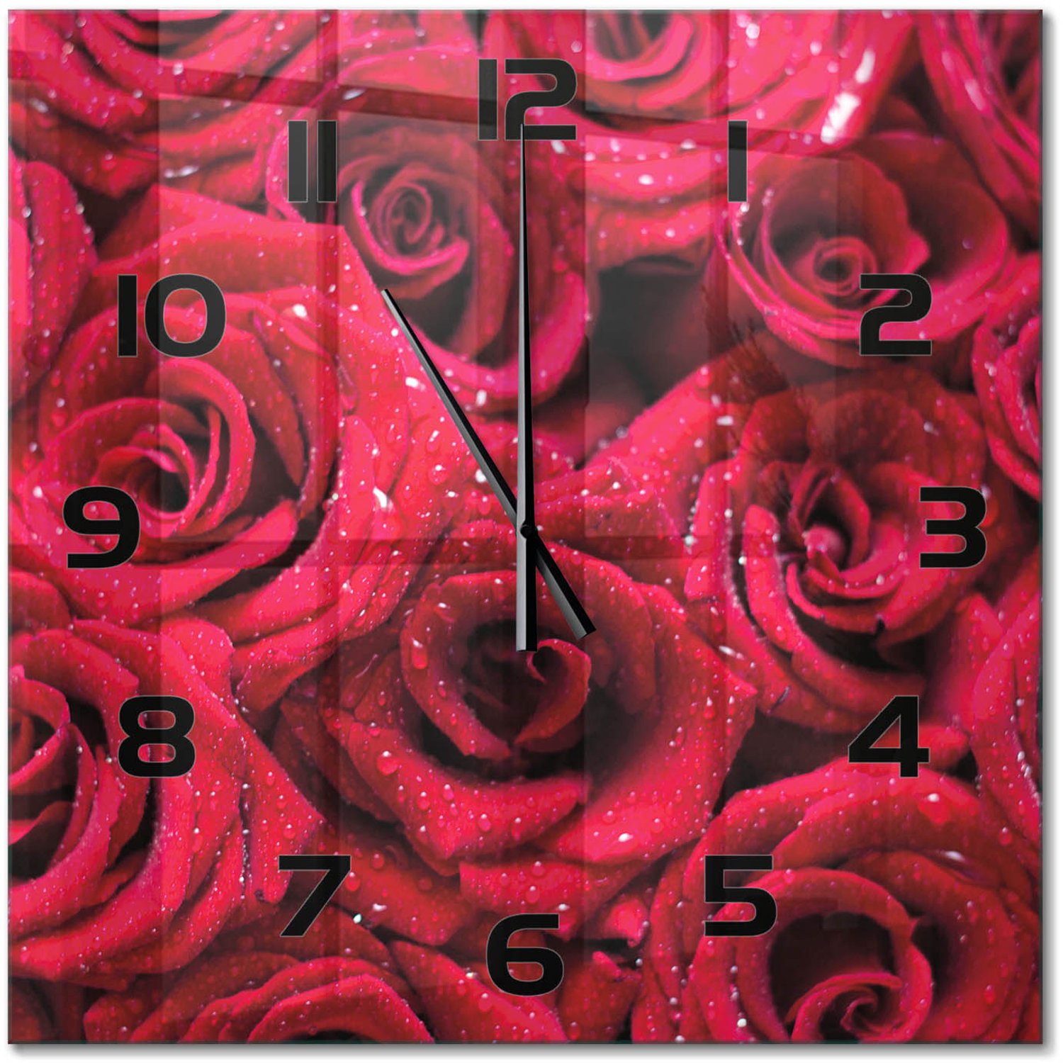 TULUP Wandklok - Druppels op rozen Decoratieve Glazen Klok - 60x60 cm - Rood Glazen Wandklok Design - Zwarte handen - Vierkante Klok - Glazen Klok Met Print - Wandklok Glas Met Motief