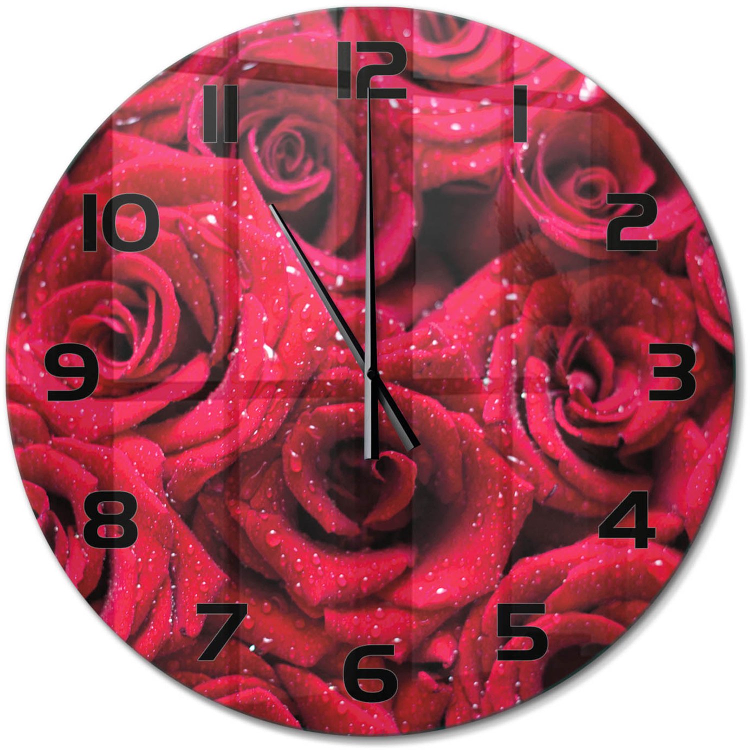 TULUP Wandklok - Druppels op rozen Wandklok Glas Decoratie - fi60 cm - Rood Gekleurde Glazen Klok - Zwarte handen - Ronde Klok - Klok Glas Met Opdruk - Moderne Wandklok Glas