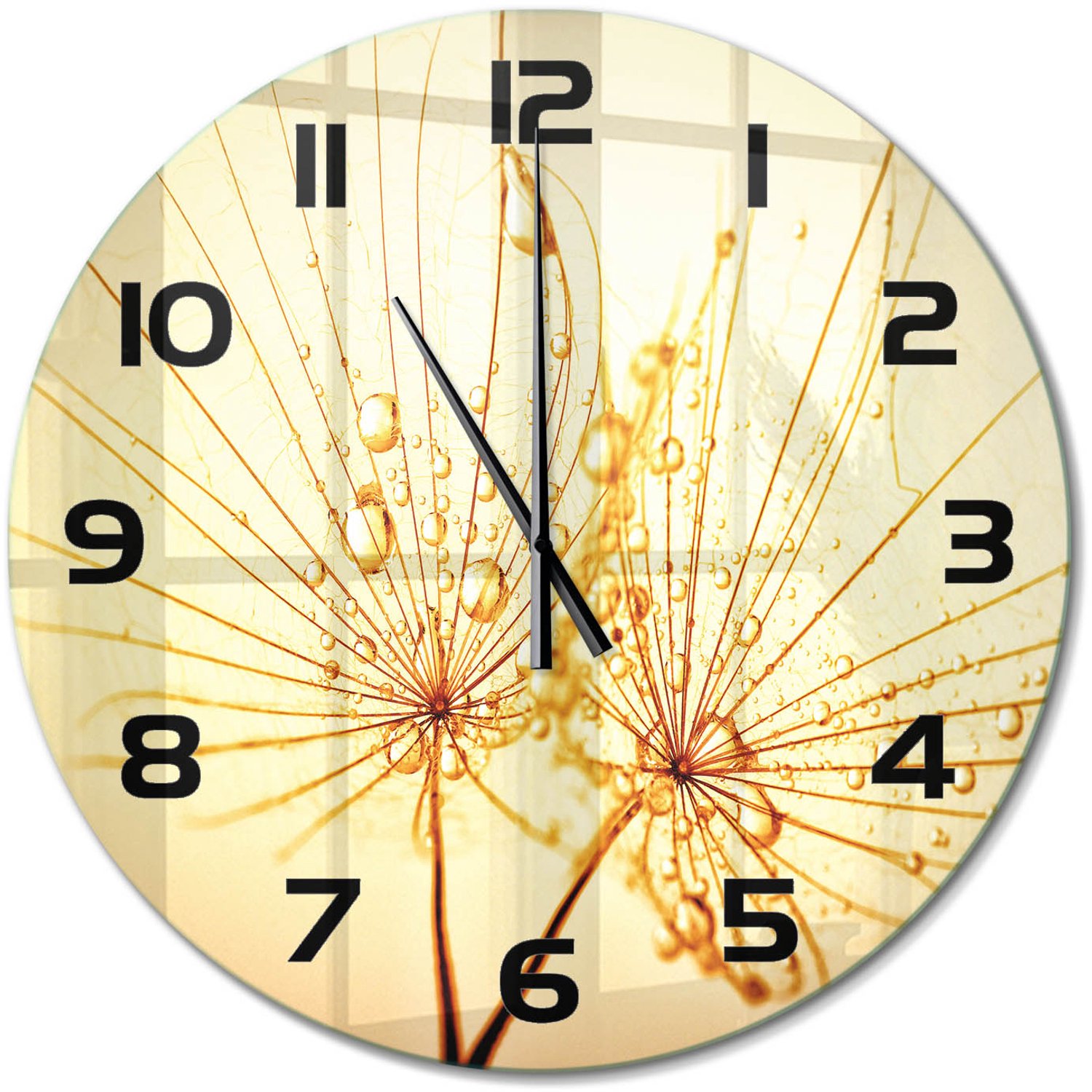TULUP Wandklok - Paardenbloemzaden Glazen Wandklok Design - fi60 cm - Beige Klok Glas Met Opdruk - Zwarte handen - Ronde Klok - Wandklok Glas Met Motief - Decoratieve Glazen Klok
