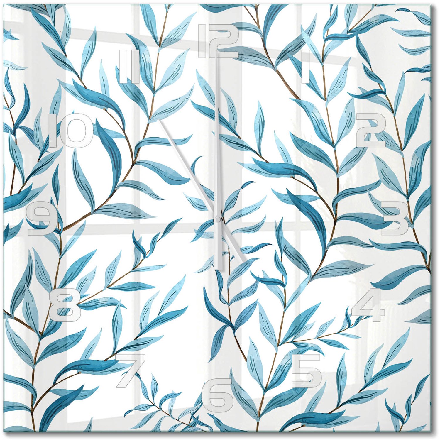 TULUP Wandklok - Bladeren Wandklok Glas Met Motief - 60x60 cm - Blauw Decoratieve Glazen Klok - Witte handen - Vierkante Klok - Gekleurde Glazen Klok - Glazen Klok Met Print