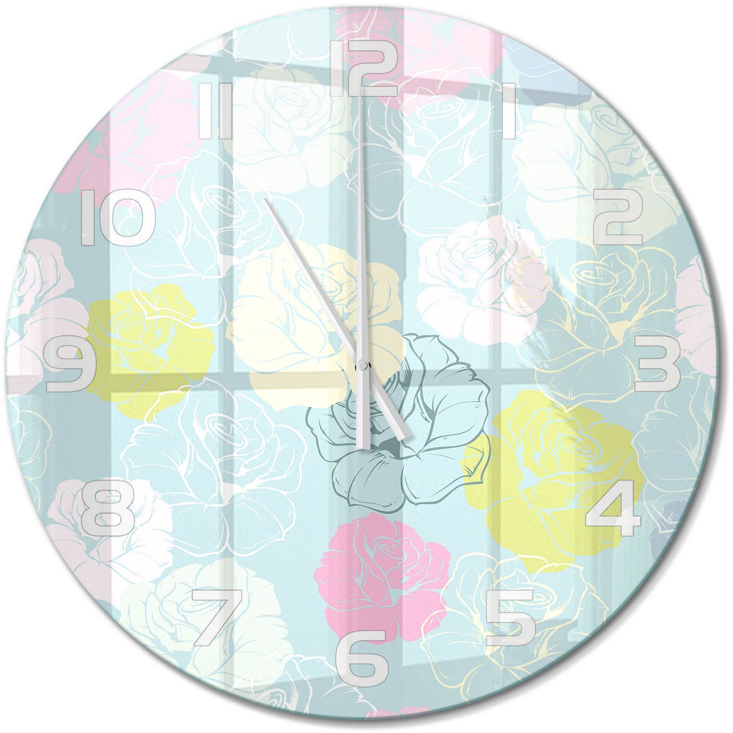 TULUP Wandklok - Rozen Decoratieve Glazen Klok - fi60 cm - Veelkleurig Glazen Wandklok Design - Witte handen - Ronde Klok - Glazen Klok Met Print - Wandklok Glas Met Motief