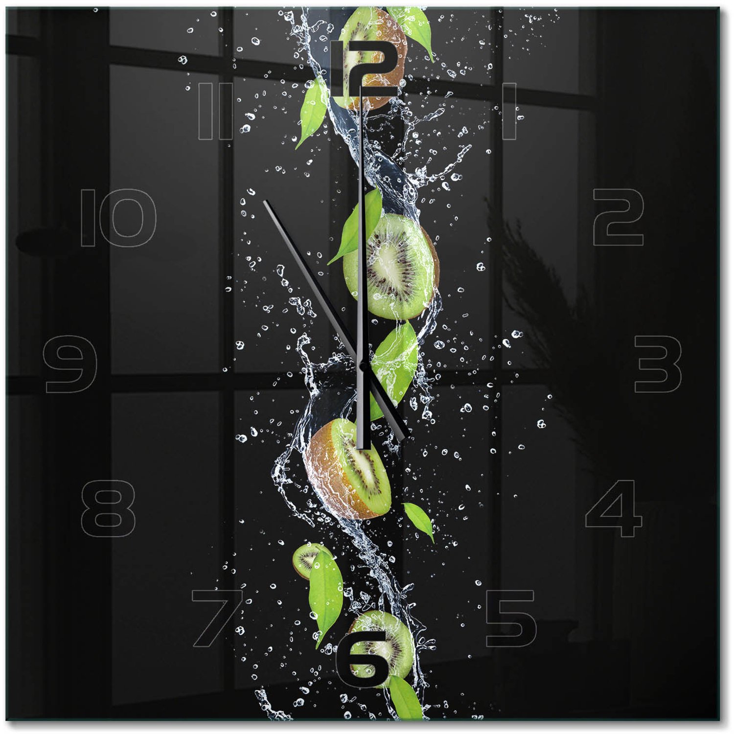 TULUP Wandklok - Kiwi en water Moderne Wandklok Glas - 60x60 cm - Groente Wandklok Glas Decoratie - Zwarte handen - Vierkante Klok - Glazen Wandklok Design - Klok Glas Met Opdruk