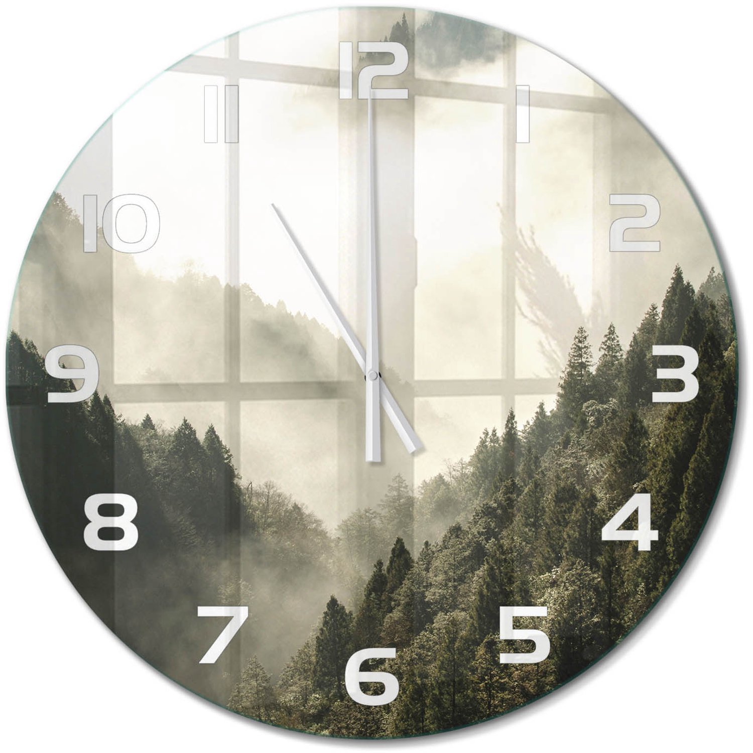 TULUP Wandklok - Mist boven het bos Glazen Wandklok Design - fi60 cm - Zwart-wit Klok Glas Met Opdruk - Witte handen - Ronde Klok - Wandklok Glas Met Motief - Decoratieve Glazen Klok