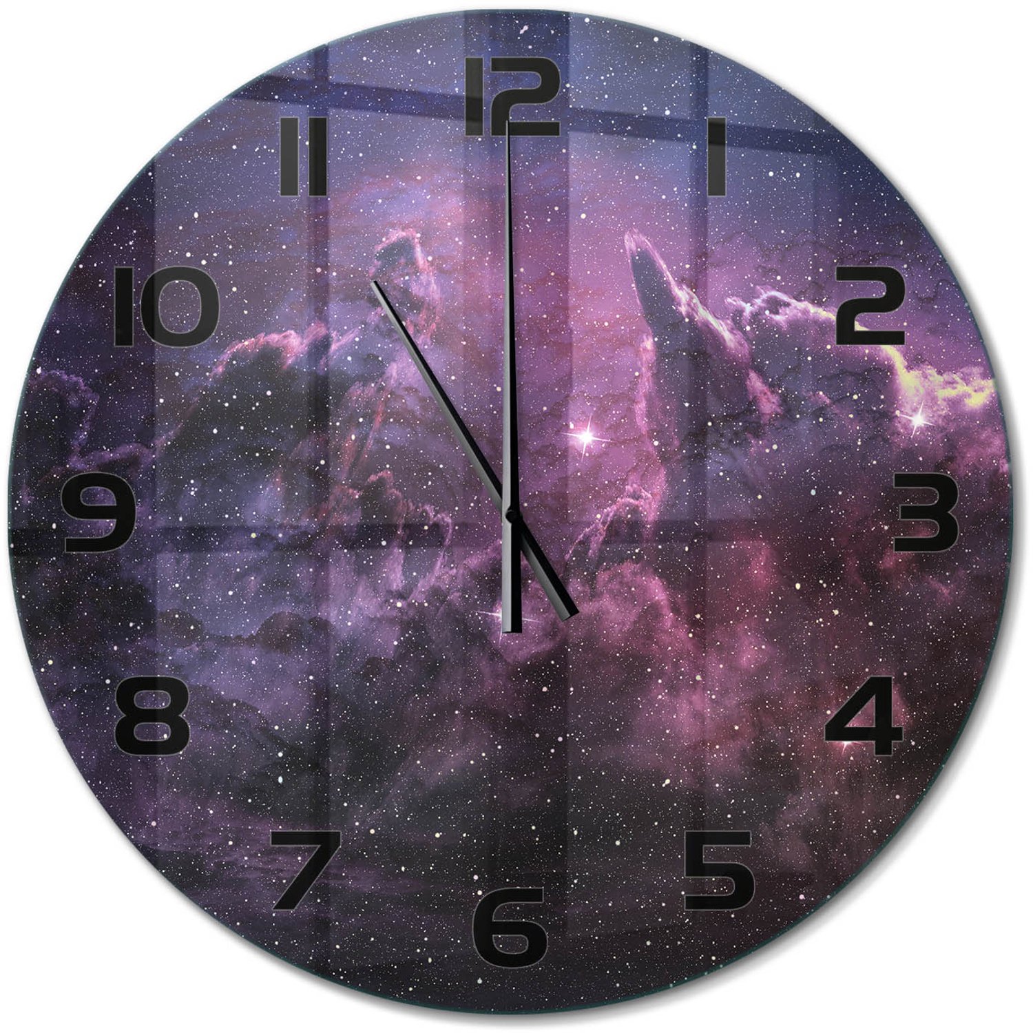 TULUP Wandklok - Mist Gekleurde Glazen Klok - fi60 cm - Paars Glazen Klok Met Print - Zwarte handen - Ronde Klok - Moderne Wandklok Glas - Wandklok Glas Decoratie