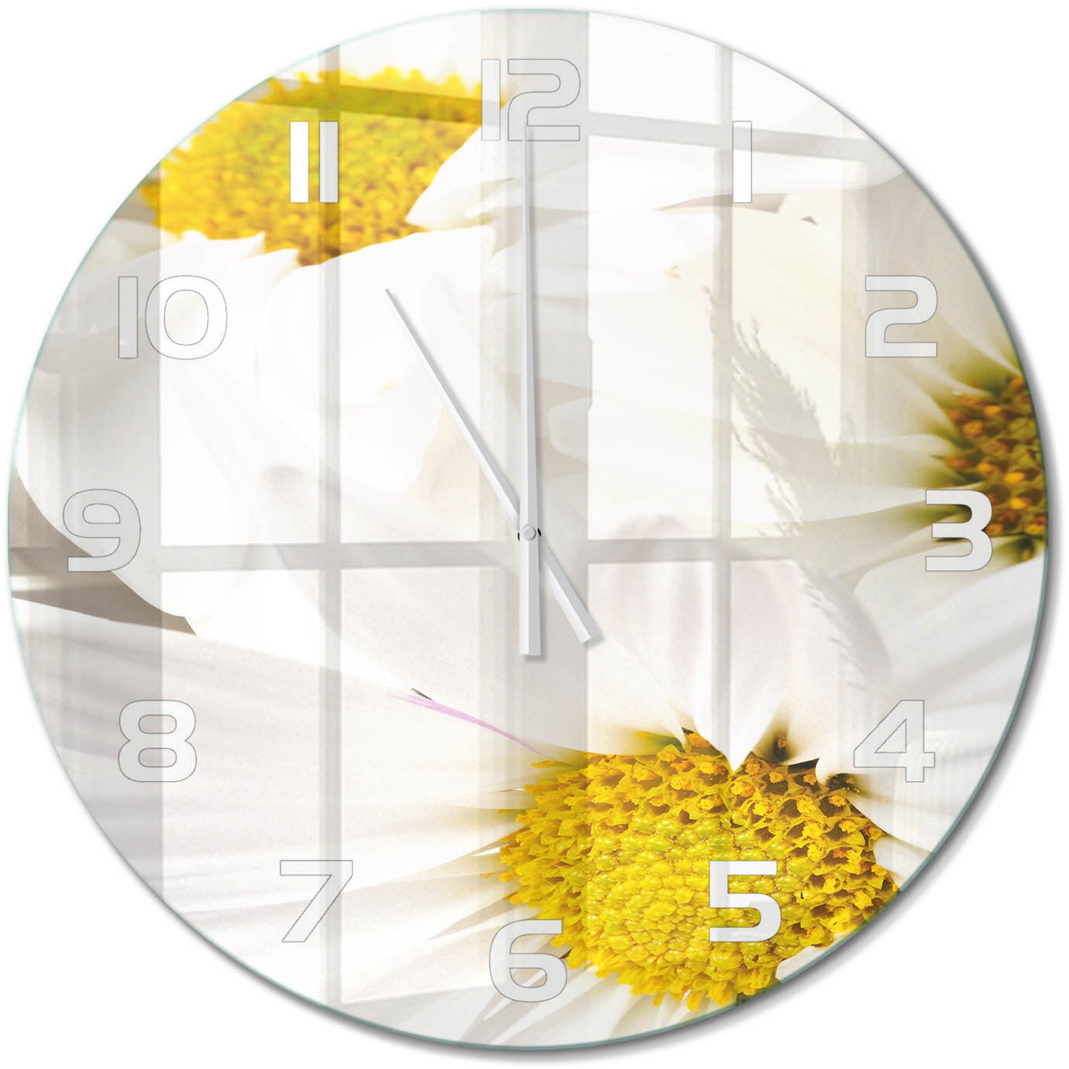 TULUP Wandklok - Madeliefje Glazen Wandklok Design - fi60 cm - Geel Klok Glas Met Opdruk - Witte handen - Ronde Klok - Wandklok Glas Met Motief - Decoratieve Glazen Klok