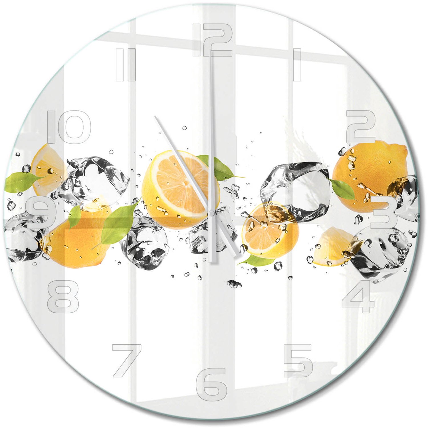 TULUP Wandklok - Citroen en water Decoratieve Glazen Klok - fi60 cm - Geel Glazen Wandklok Design - Witte handen - Ronde Klok - Glazen Klok Met Print - Wandklok Glas Met Motief