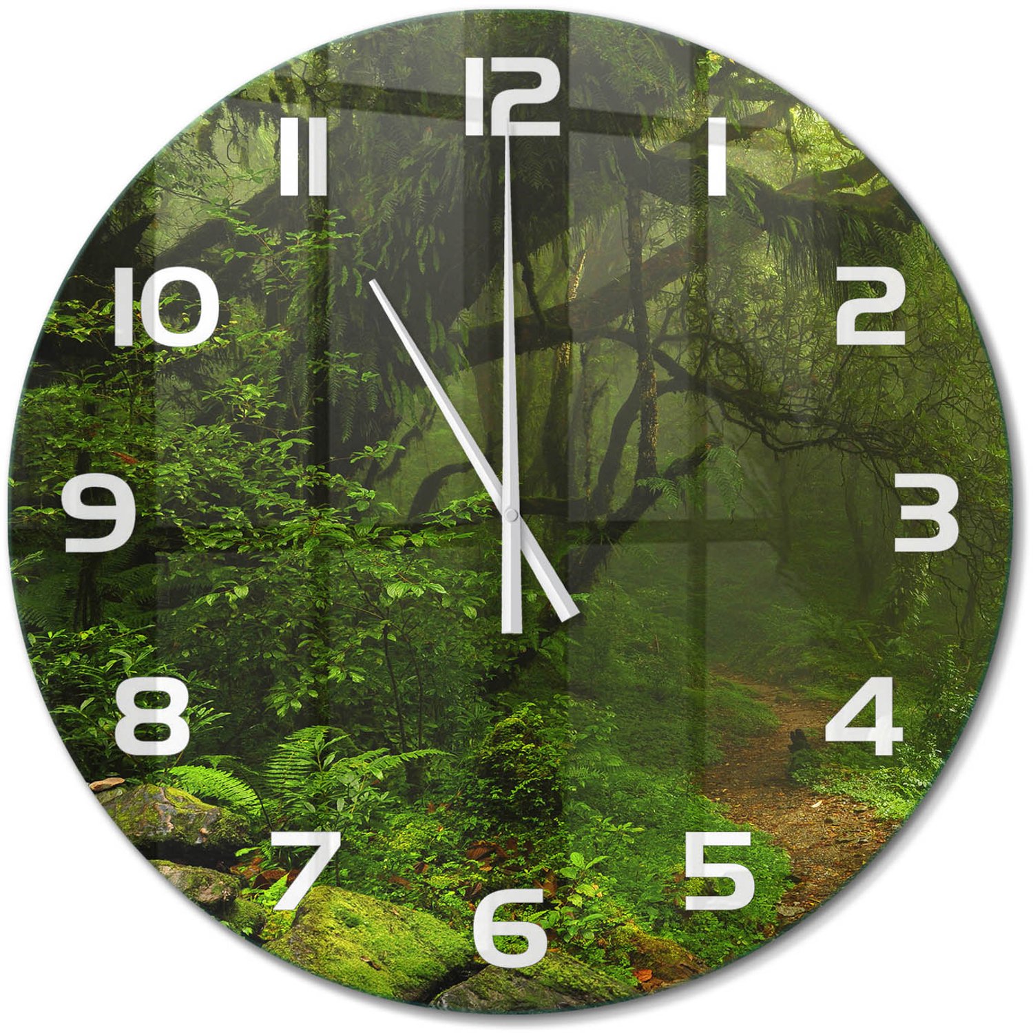 TULUP Wandklok - Oerwoud in Nepal Glazen Klok Met Print - fi60 cm - Groente Wandklok Glas Met Motief - Witte handen - Ronde Klok - Wandklok Glas Decoratie - Gekleurde Glazen Klok