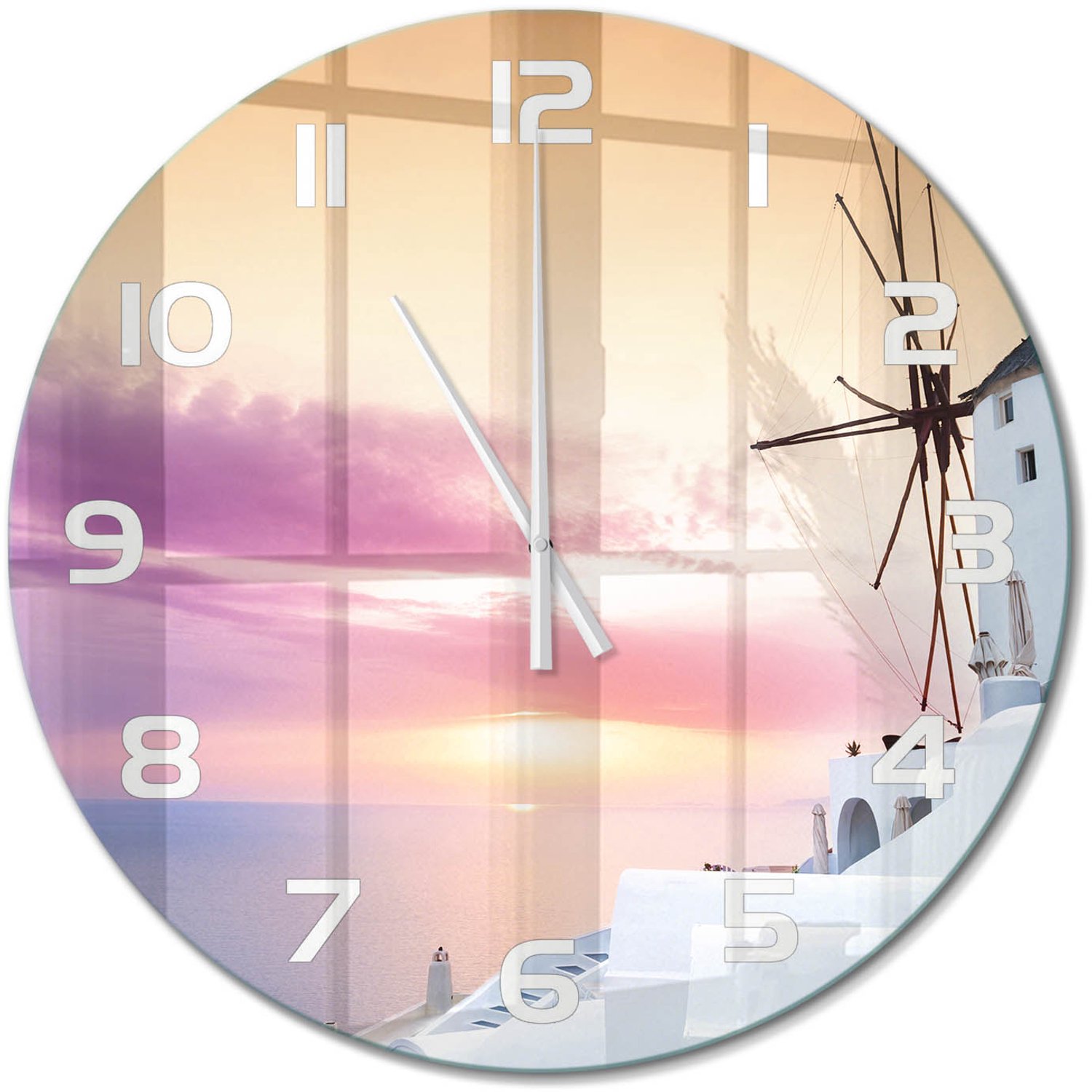 TULUP Wandklok - Santorini, Griekenland Wandklok Glas Met Motief - fi60 cm - Wit Decoratieve Glazen Klok - Witte handen - Ronde Klok - Gekleurde Glazen Klok - Glazen Klok Met Print