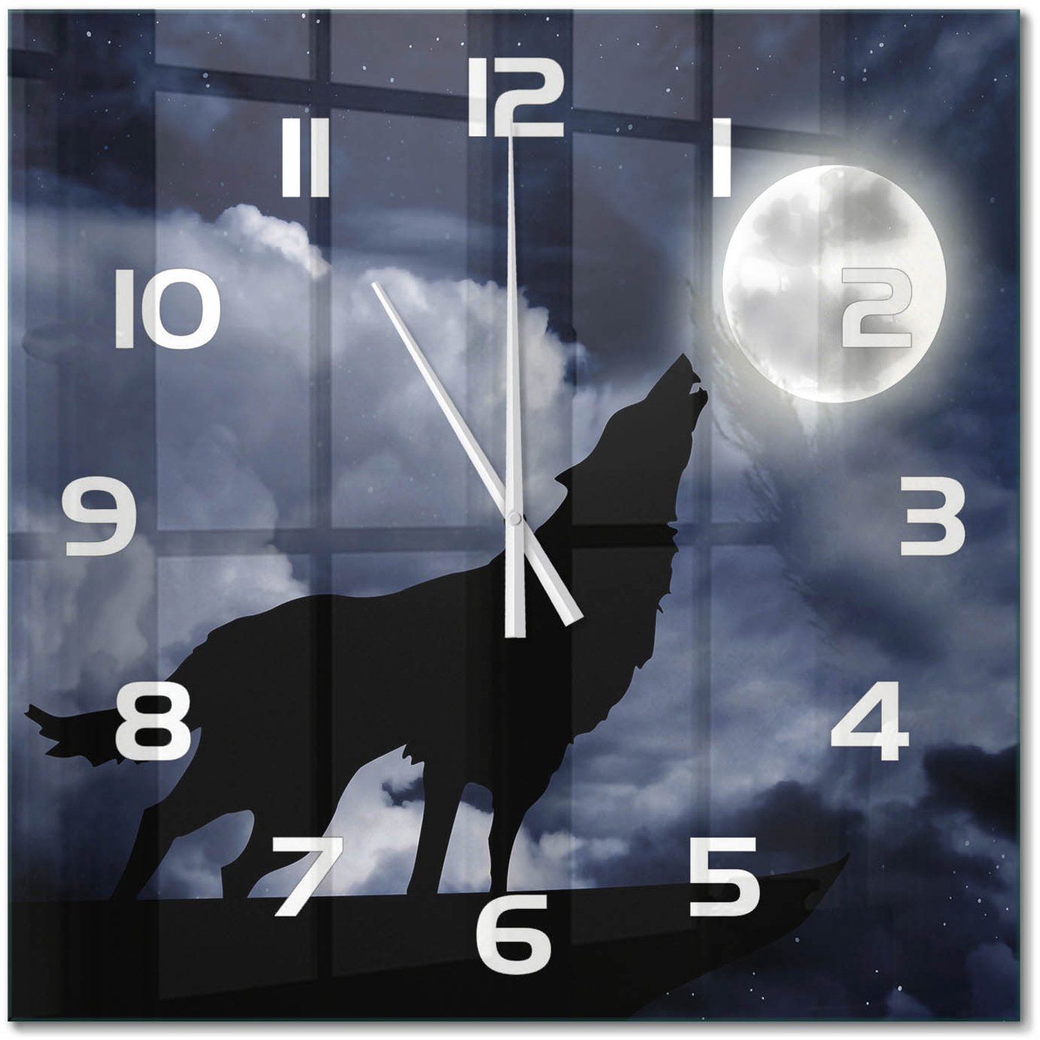 TULUP Wandklok - Huilende Wolf Volle Maan Gekleurde Glazen Klok - 60x60 cm - Zwart Glazen Klok Met Print - Witte handen - Vierkante Klok - Moderne Wandklok Glas - Wandklok Glas Decoratie