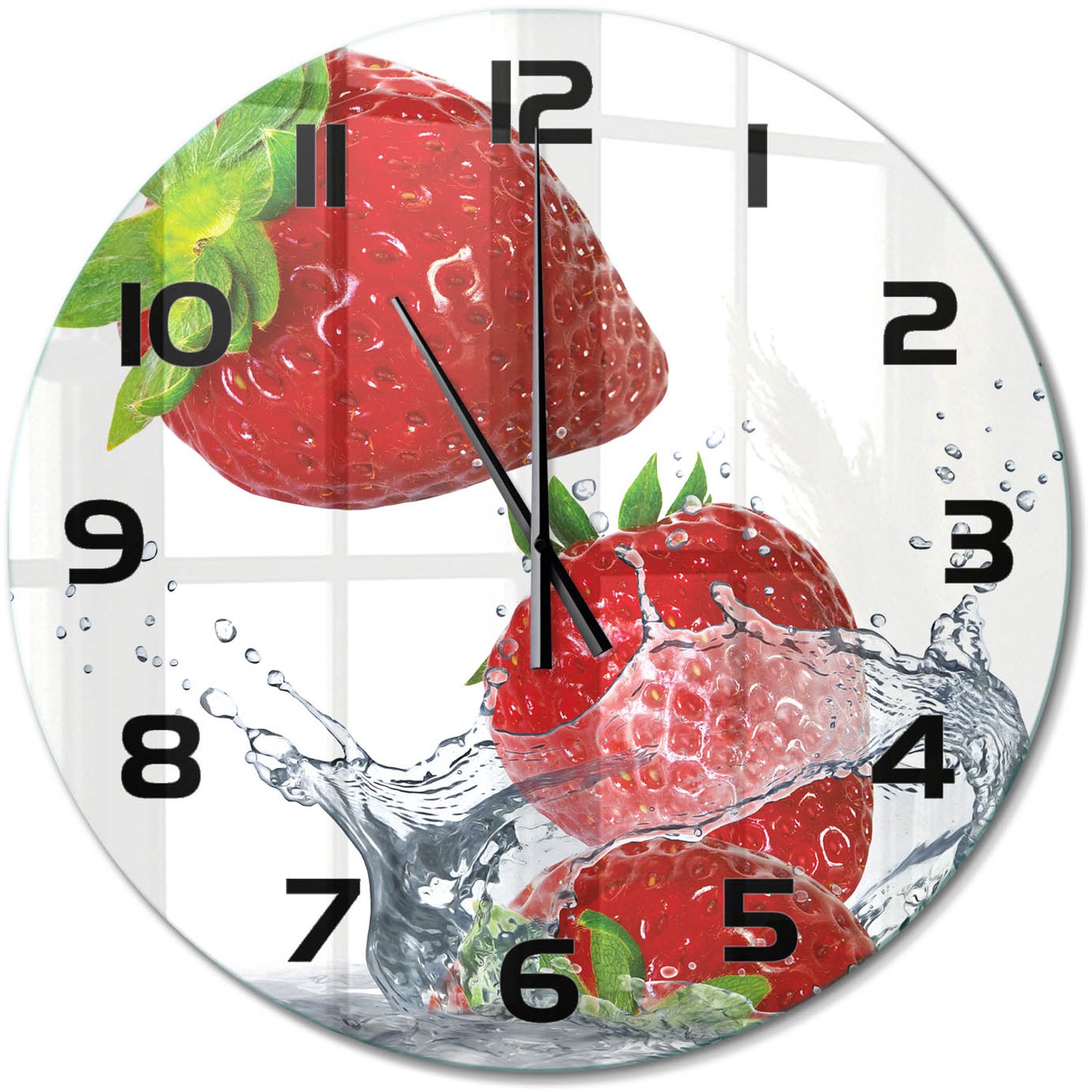 TULUP Wandklok - Aardbeien en water Gekleurde Glazen Klok - fi60 cm - Rood Glazen Klok Met Print - Zwarte handen - Ronde Klok - Moderne Wandklok Glas - Wandklok Glas Decoratie