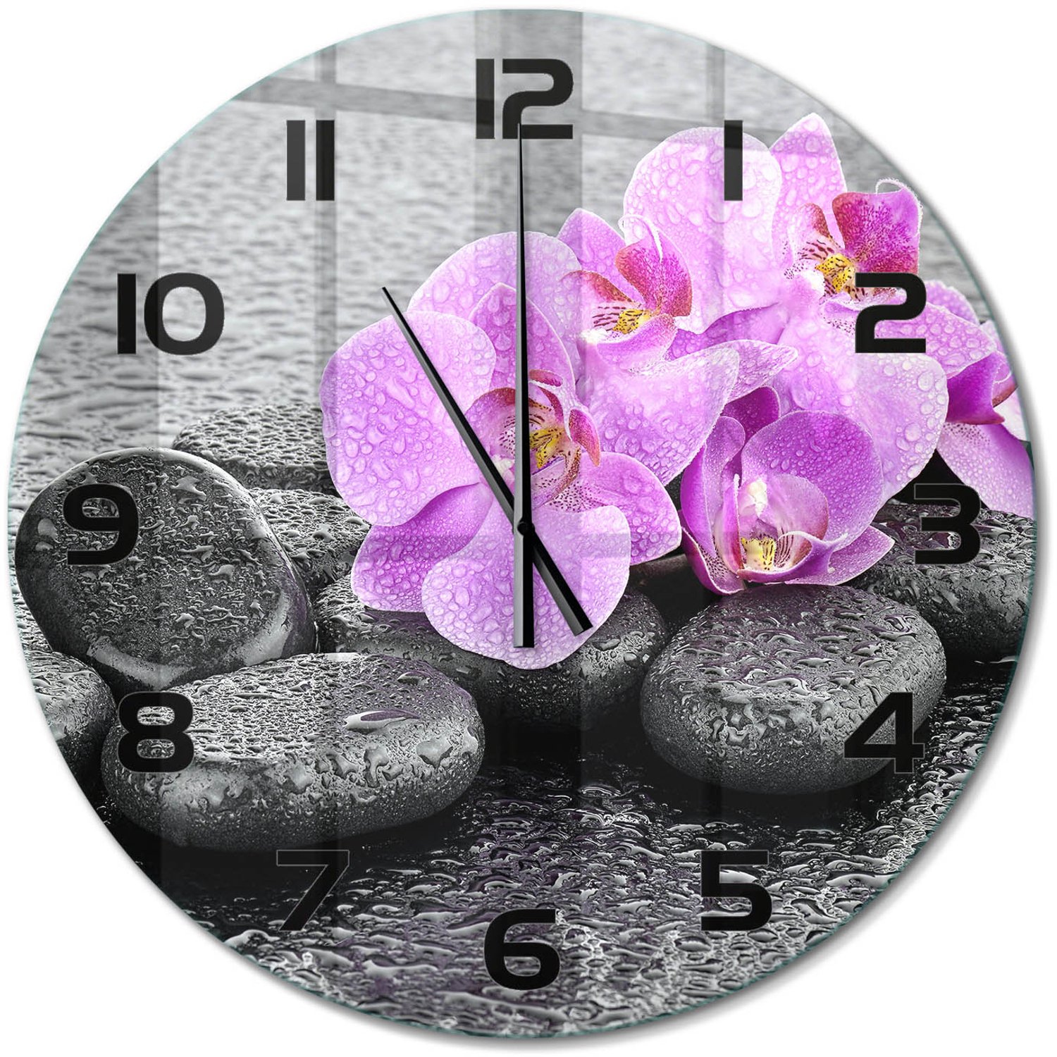 TULUP Wandklok - Orchideeënstenen Moderne Wandklok Glas - fi60 cm - Roze Wandklok Glas Decoratie - Zwarte handen - Ronde Klok - Glazen Wandklok Design - Klok Glas Met Opdruk