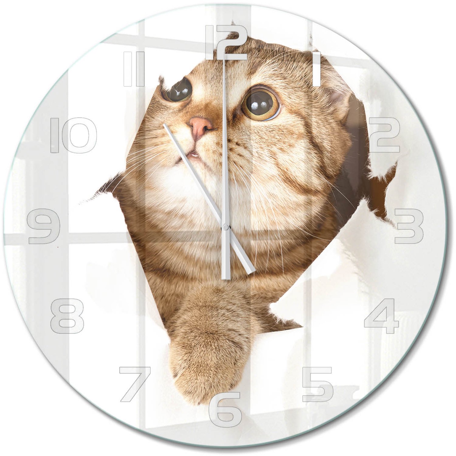 TULUP Wandklok - Kat Wandklok Glas Decoratie - fi60 cm - Beige Gekleurde Glazen Klok - Witte handen - Ronde Klok - Klok Glas Met Opdruk - Moderne Wandklok Glas