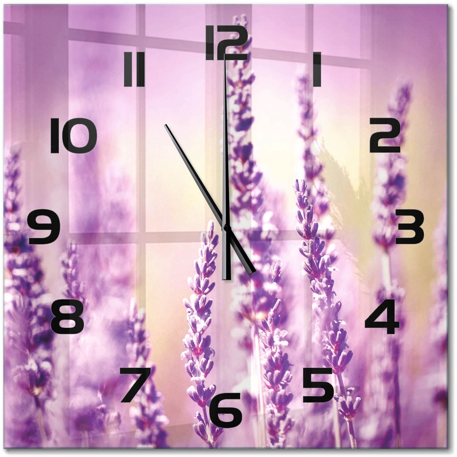 TULUP Wandklok - Lavendel Glazen Klok Met Print - 60x60 cm - Paars Wandklok Glas Met Motief - Zwarte handen - Vierkante Klok - Wandklok Glas Decoratie - Gekleurde Glazen Klok