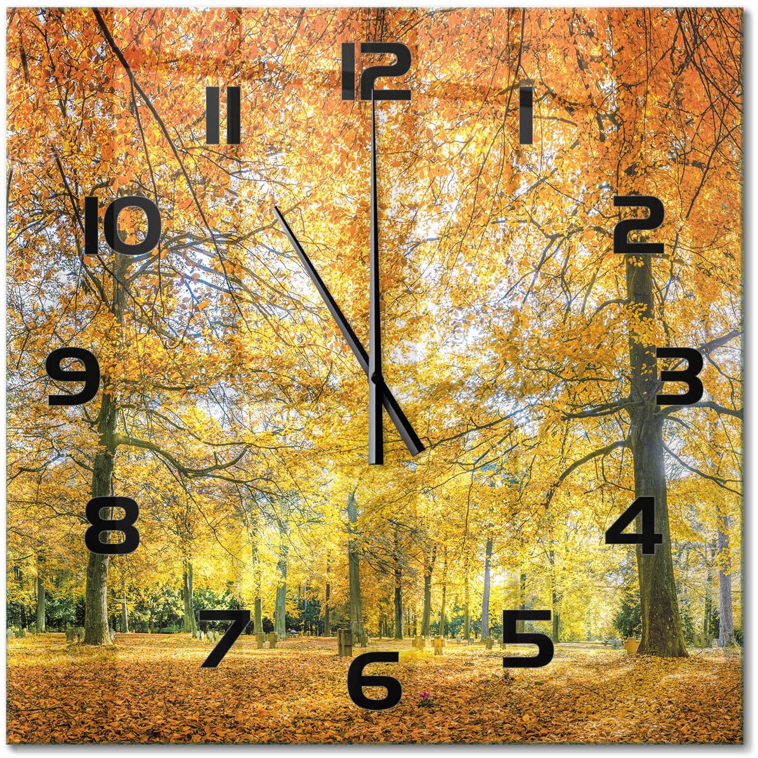TULUP Wandklok - Herfstbos Wandklok Glas Decoratie - 60x60 cm - Oranje Gekleurde Glazen Klok - Zwarte handen - Vierkante Klok - Klok Glas Met Opdruk - Moderne Wandklok Glas