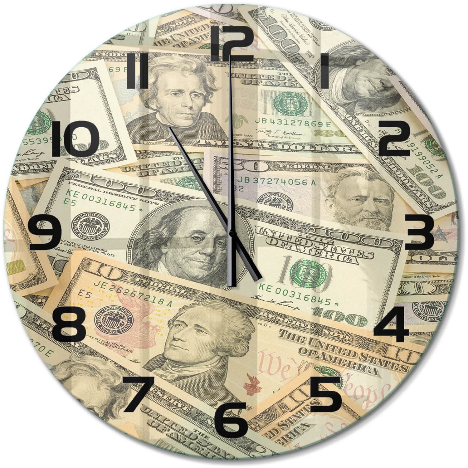 TULUP Wandklok - Dollarbankbiljetten Wandklok Glas Met Motief - fi60 cm - Beige Decoratieve Glazen Klok - Zwarte handen - Ronde Klok - Gekleurde Glazen Klok - Glazen Klok Met Print