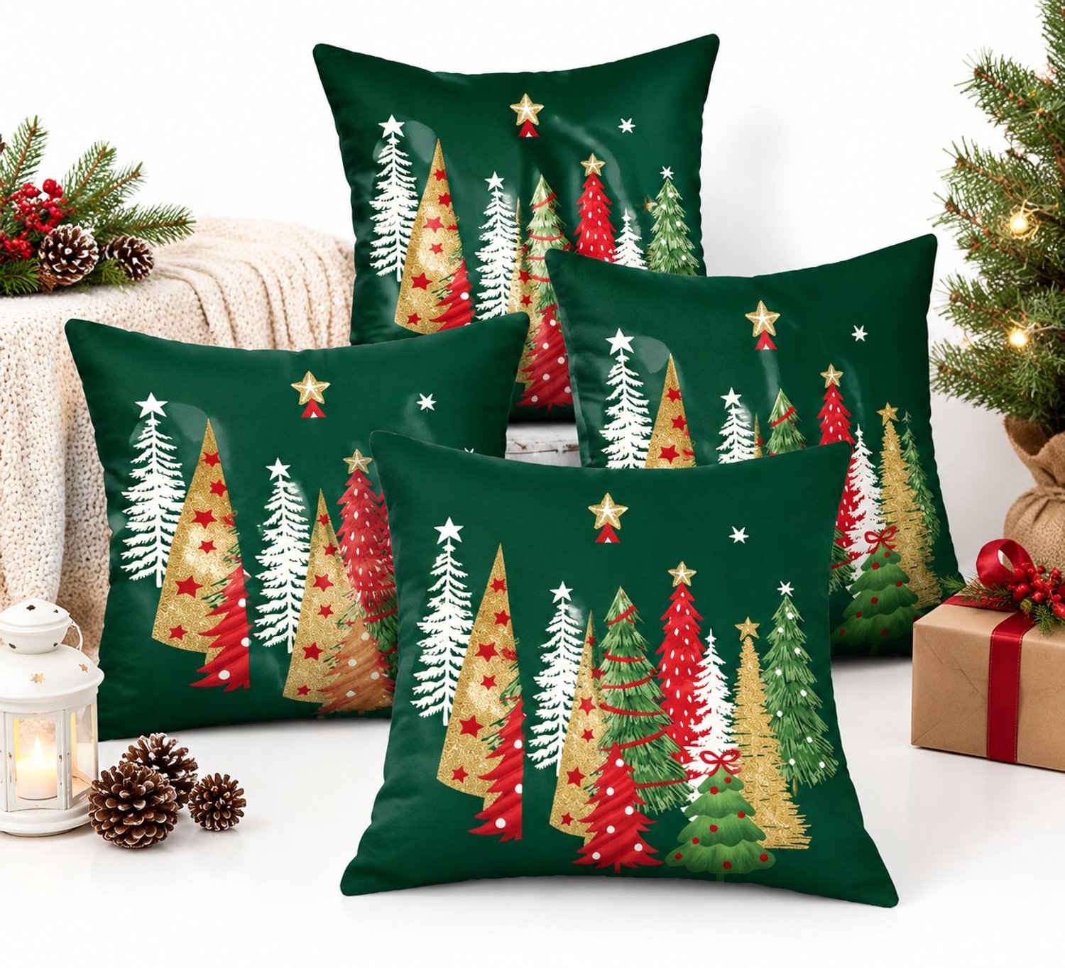 VHV 4 Pcs groene decoratieve kerst‑kussenhoezen 45x45 cm (18x18 inch) met kerstboommotief