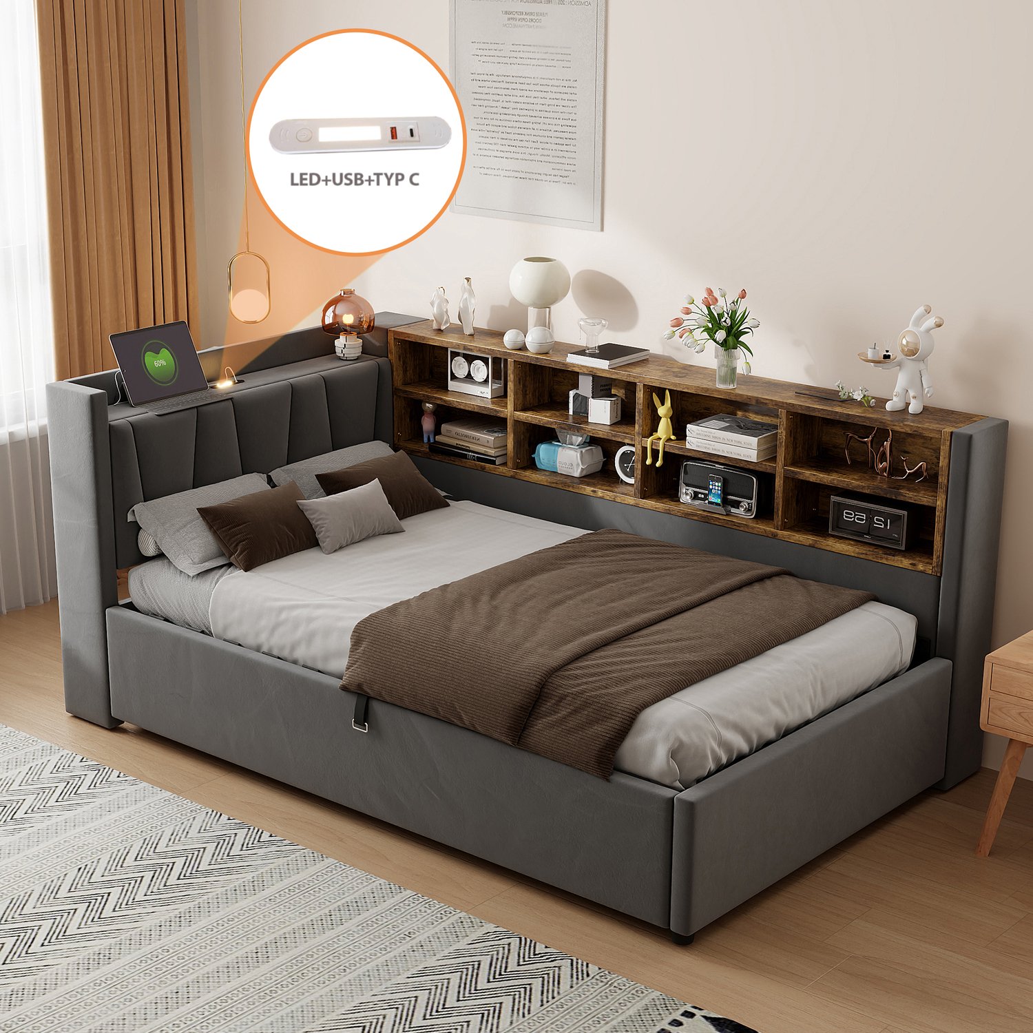 VVBV Gestoffeerd bed/slaapbank 90x200 cm met hydraulische opbergruimte, nachtlampje, USB-C, opbergvakken, fluweel, donkergrijs