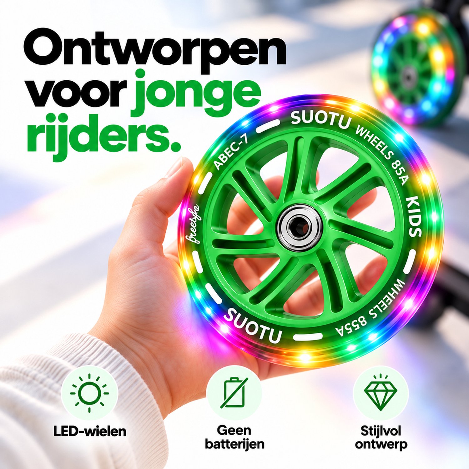 Suotu wielenset voor Stuntstep/Kinderstep - 2 Stuks - 145mm Lichtgevende Wielen - Groen — afbeelding 2