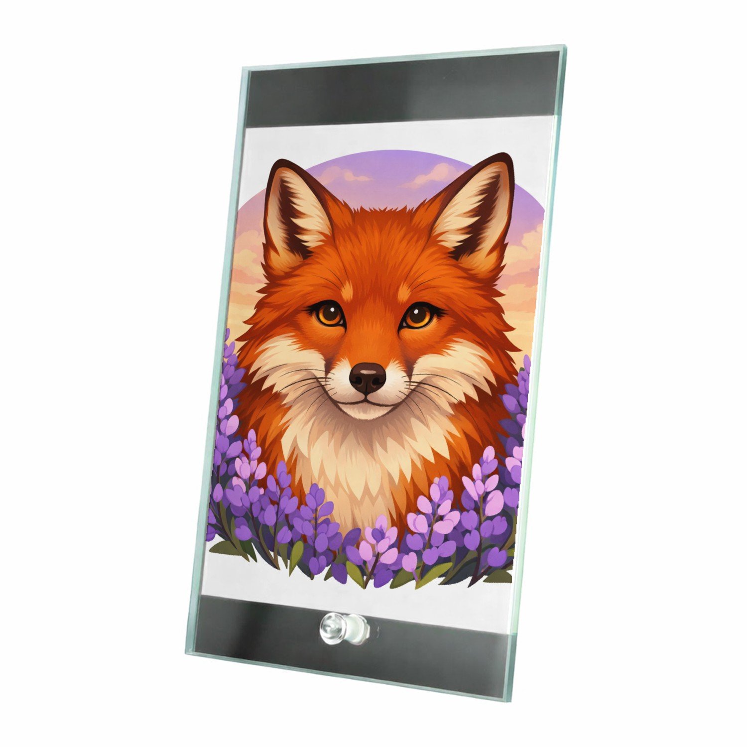 Mr Cadeautjes Glasframe 15 x 23 - design Frontaal portret van een vos in een veld van paarse bloemen | cadeau Wit