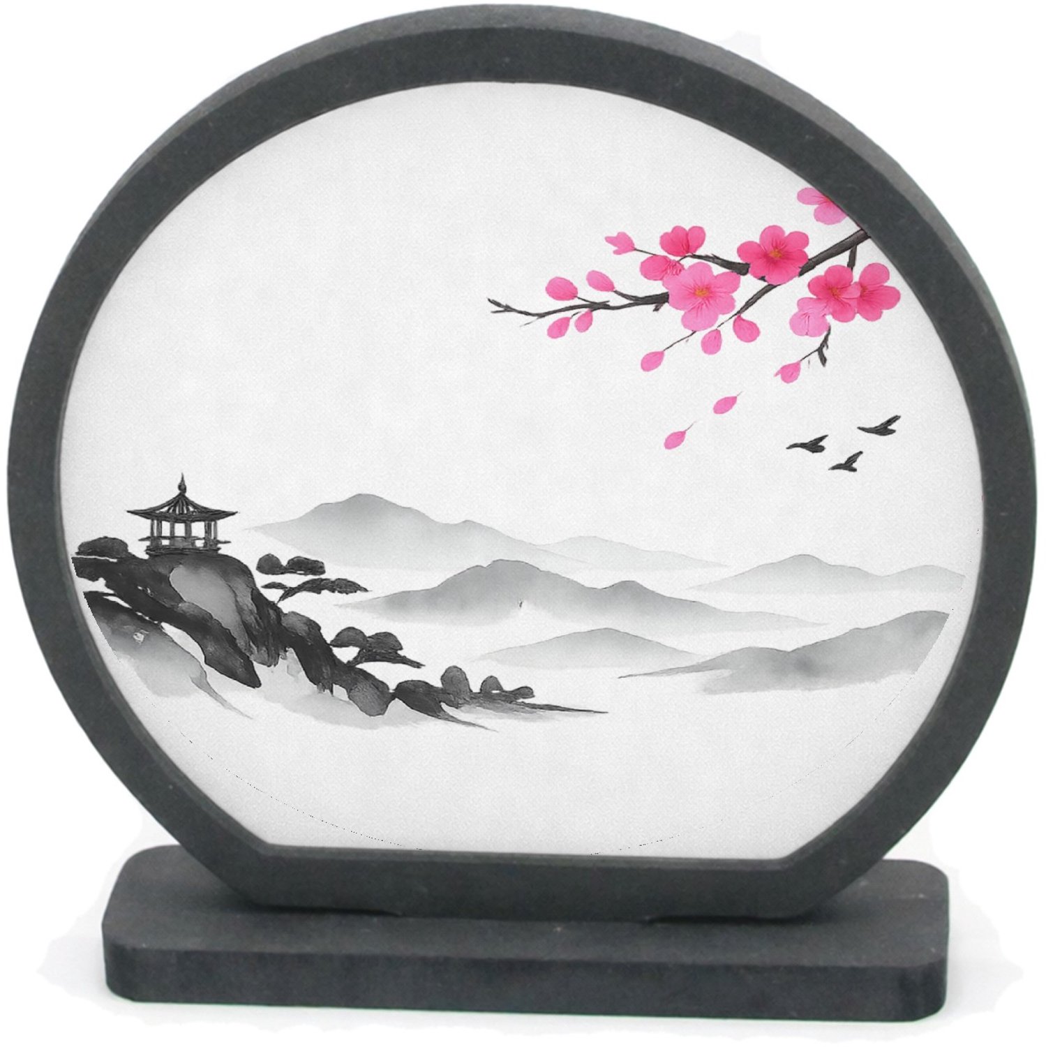 Mr Cadeautjes Houten fotolijst rond met MDF inleg - design Rustige bergsfeer met botanische accentkleur | cadeau Wit
