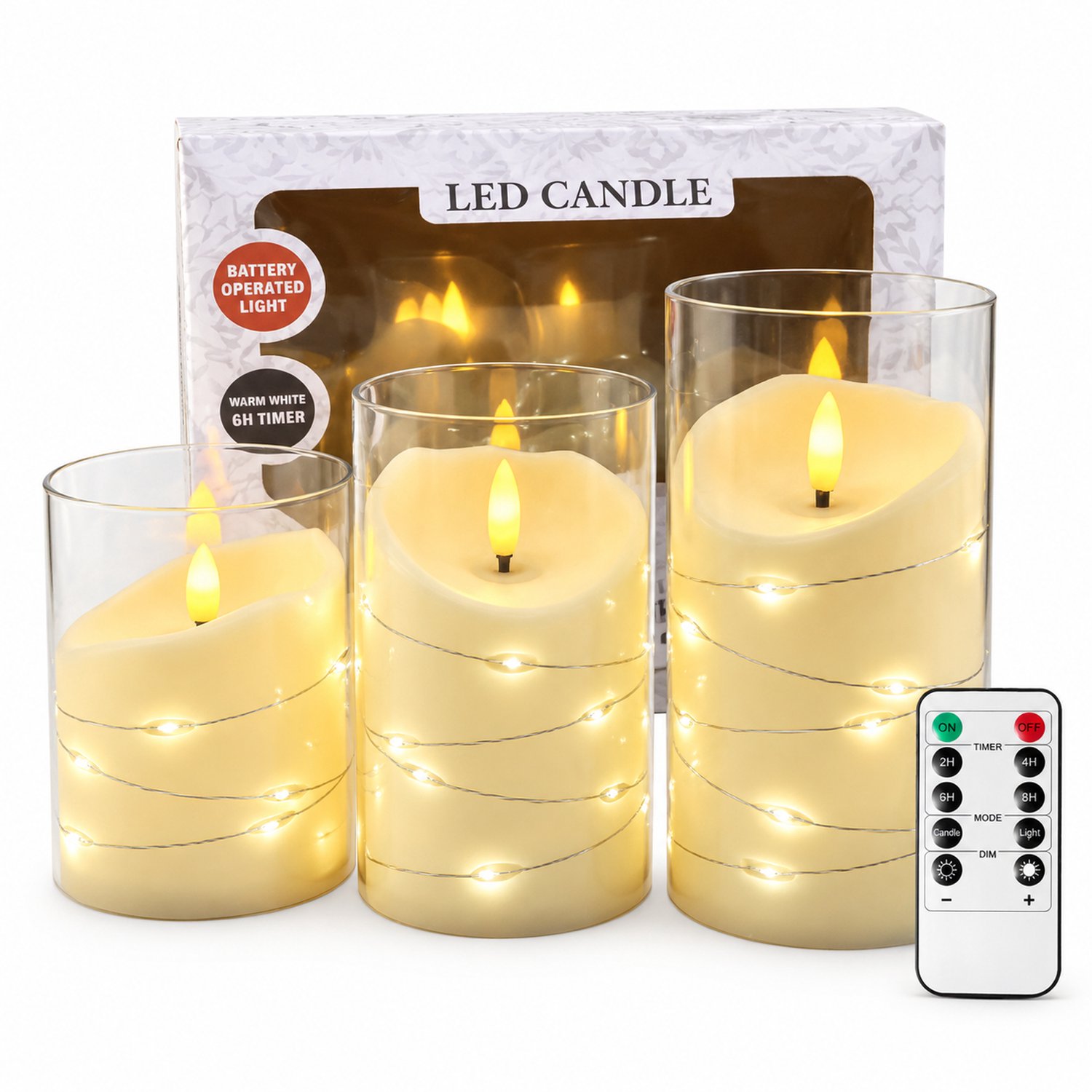 SWGOTA led kaarsen, set van 3 met schuine bovenkant en lichtsnoer, warm licht, inclusief afstandsbediening, in geschenkdoos Crème