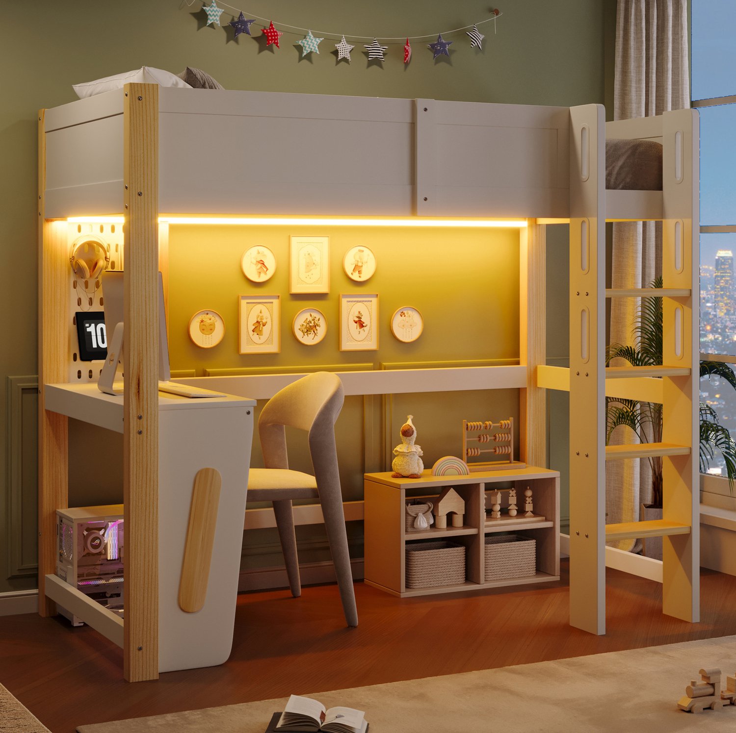 MODFU Hoogslaper Met Bureau - Geperforeerd Paneel - Ledverlichting - Hout En MDF - Naturel - 90 X 200 Cm Wit