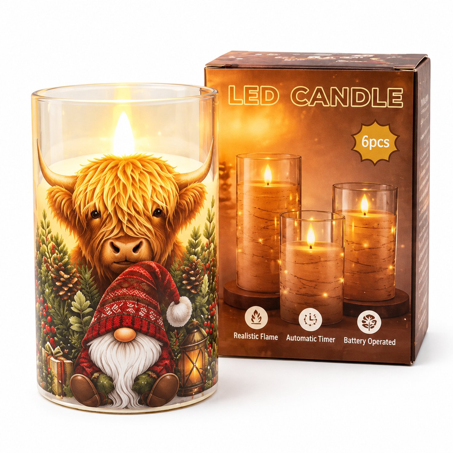 SWGOTA led kaarsen - kerstkaars met koe en kerstkabouter, 7,5 x 12,5 cm, warm licht, kunststof, op batterijen, zonder batterijen Multicolour