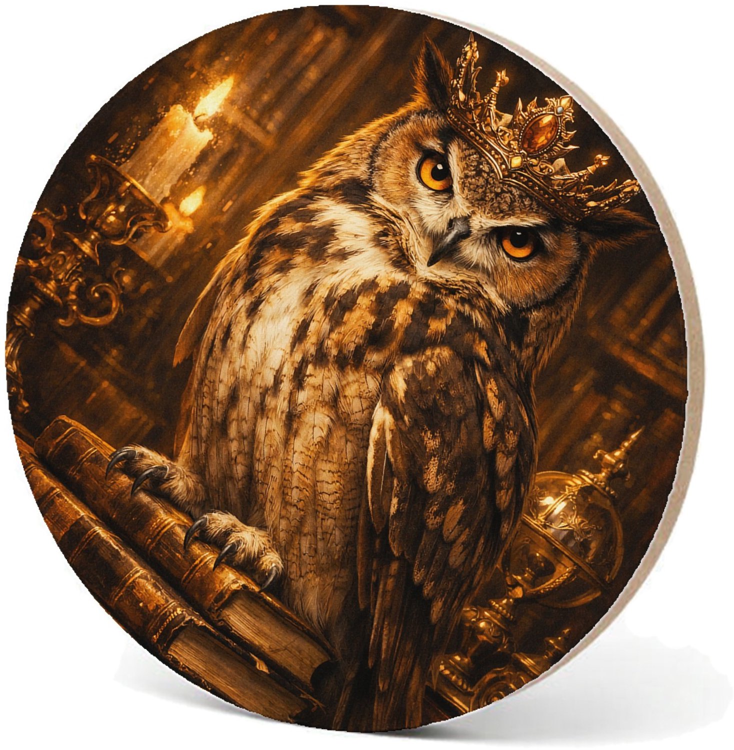 Mr Cadeautjes MDF fotolijst - design Een chique uil in een bibliotheek vol gouden licht en oude b | cadeau Wit