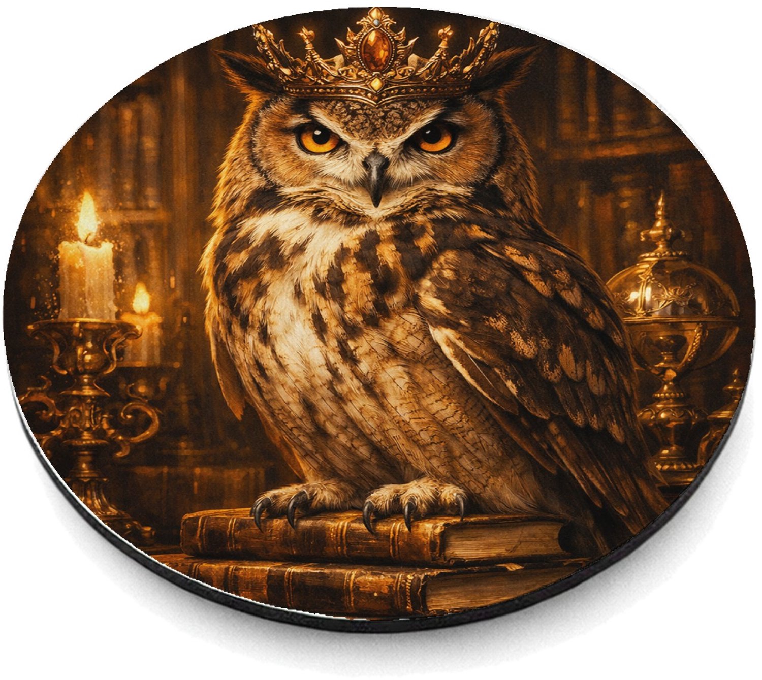 Mr Cadeautjes MDF magnetische fotolijst rond Ø 9,5 - design Een chique uil in een bibliotheek vol gouden licht en oude b | cadeau Wit
