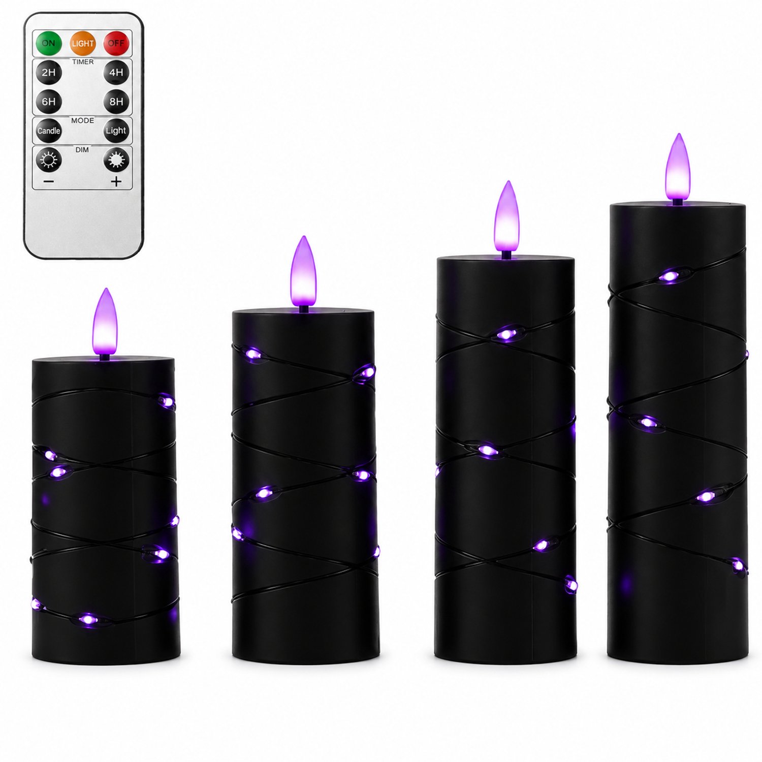 SWGOTA led kaarsen, 4 stuks, zwart met paarse vlamvormige lichtpunten en lichtsnoer rondom, met afstandsbediening en 1 knoopcel voor de afstandsbediening