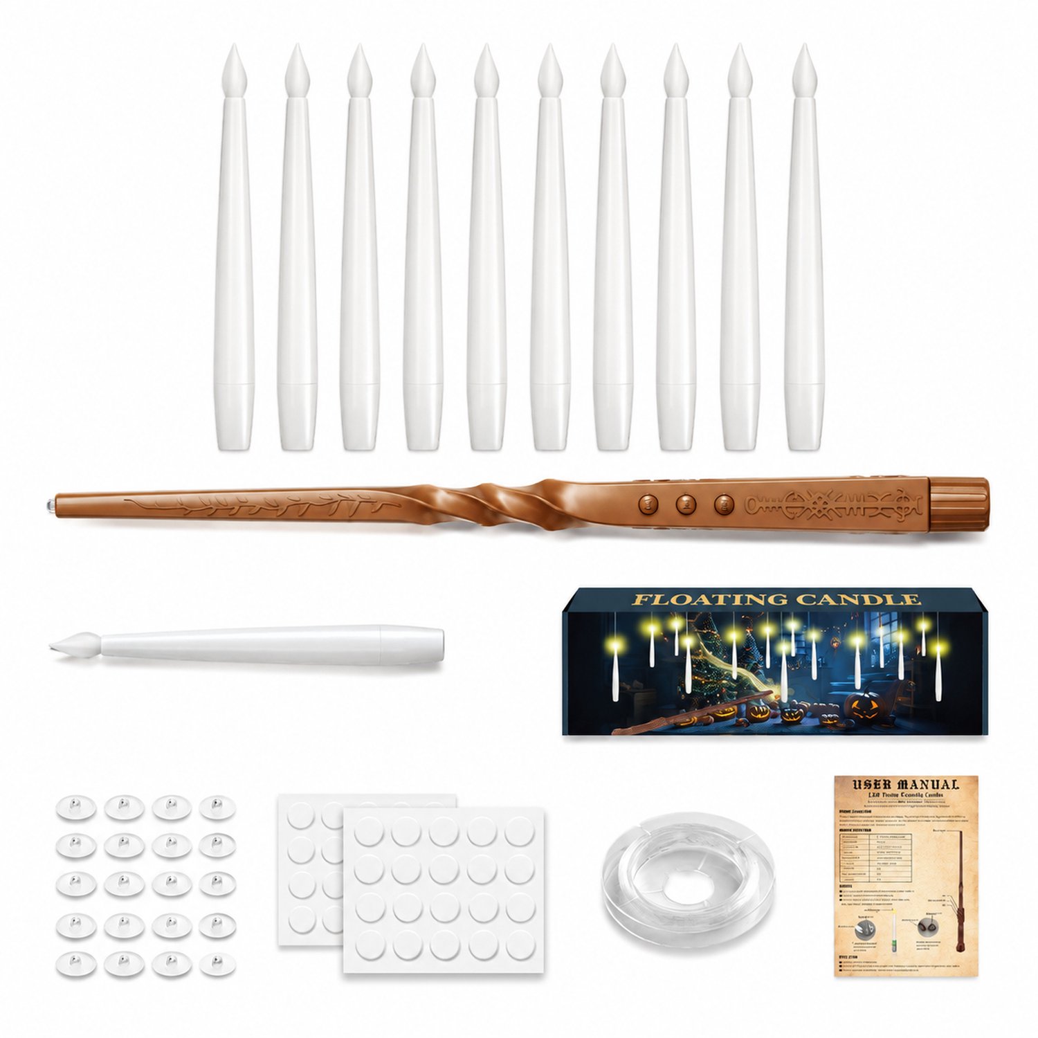SWGOTA led kaarsen, 10 stuks met toverstaf van 30 cm, kaarsvorm van 15 x 1,45 cm, decoratieset in doos Wit