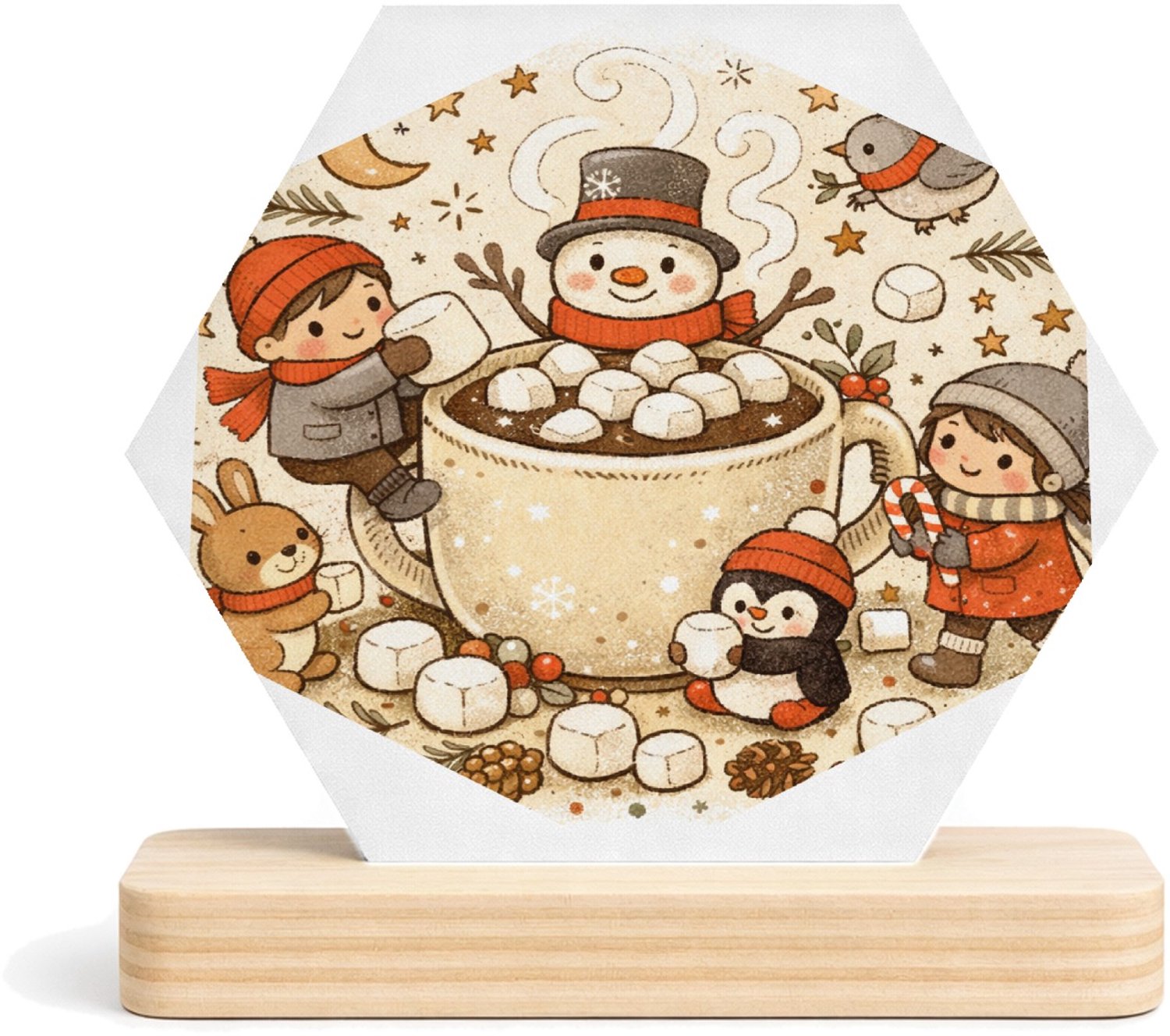 Mr Cadeautjes MDF fotolijst/inleg hexagon 14 x 13 - design Een knusse winterkeuken-scène met bewegende figuren rond een | cadeau Wit