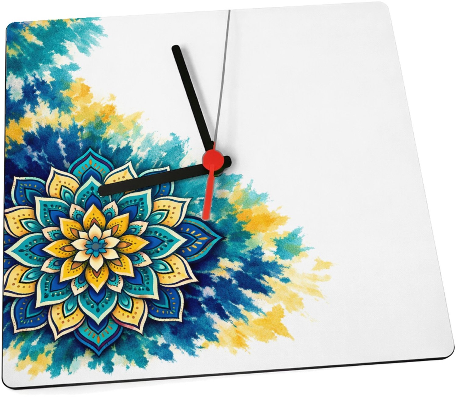 Mr Cadeautjes Klok 19 x 19 - design Een grote, centrale zonnebloemmandala op een zachte aquarelw | cadeau Wit