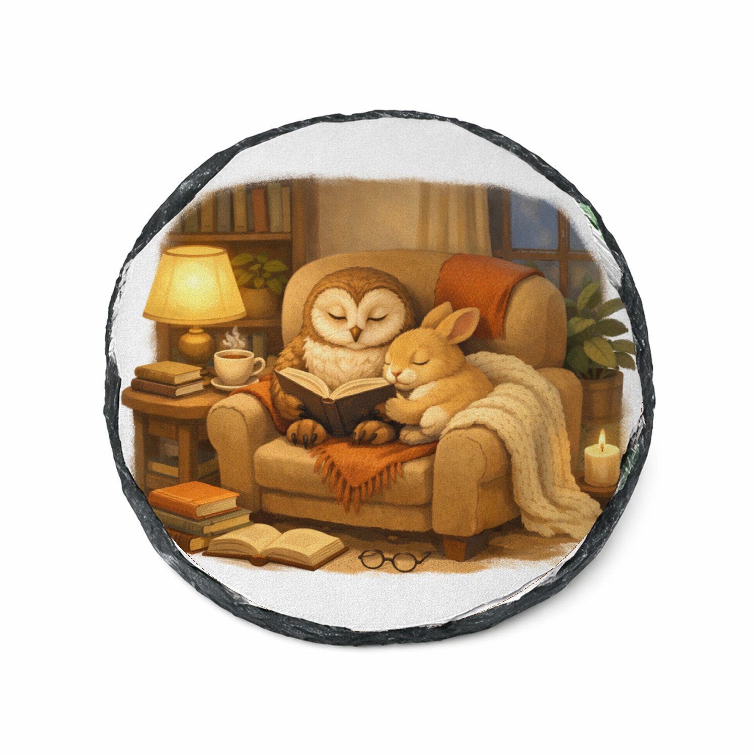 Mr Cadeautjes Leisteen rond Ø 14 - design Een stille leeshoek met een uil en een konijn op een comfort | cadeau Wit