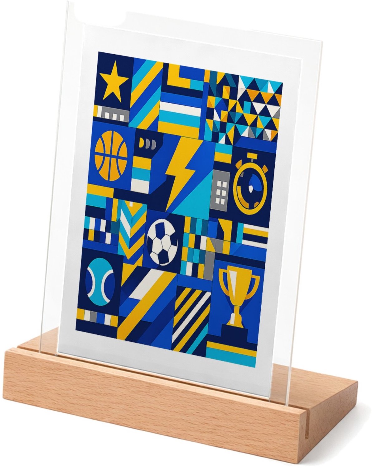 Mr Cadeautjes Glasframe met vaste tekst - design Een sportieve patchworkprint met kleine iconische vormen zoa | cadeau Wit