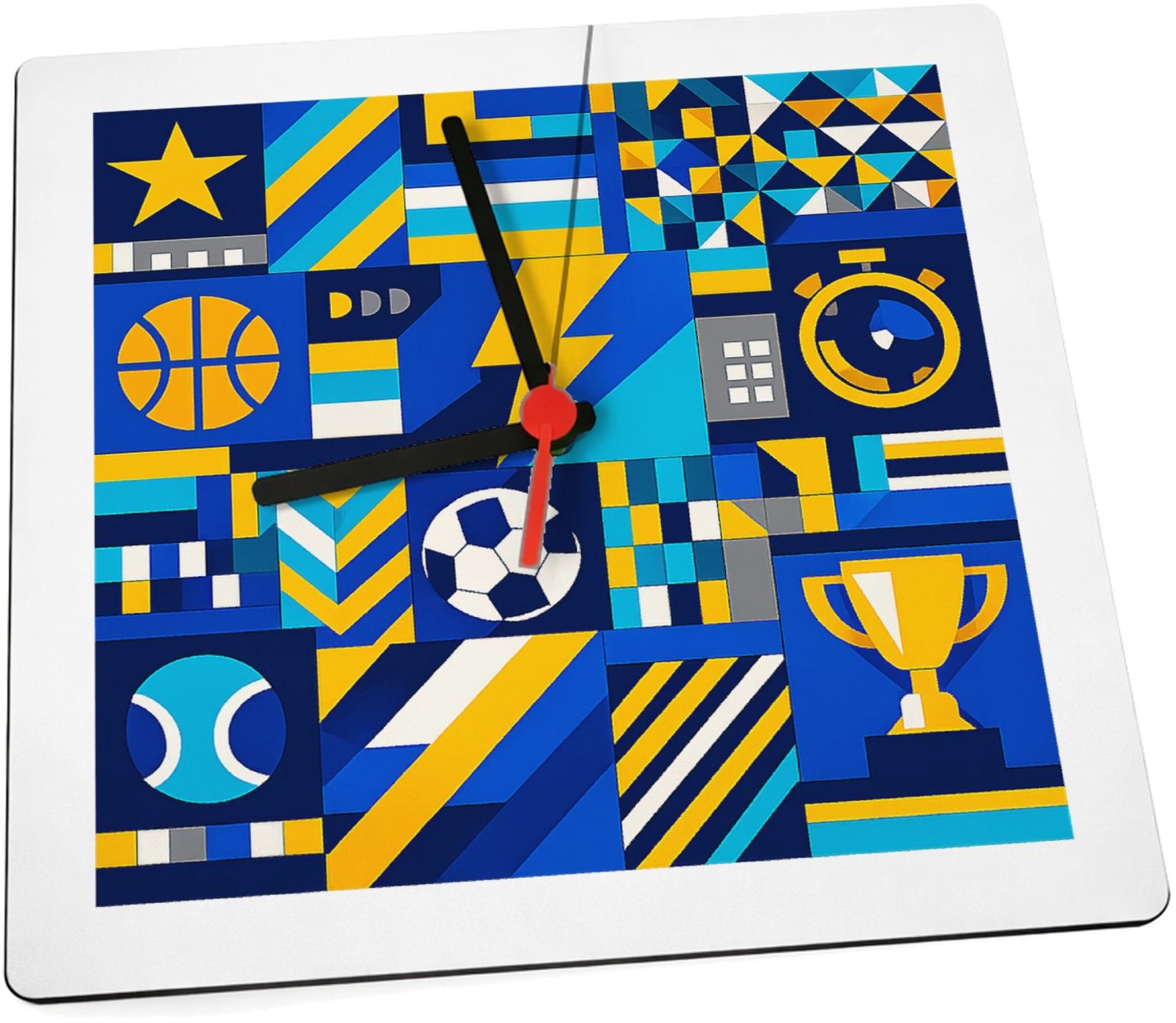 Mr Cadeautjes Klok 19 x 19 - design Een sportieve patchworkprint met kleine iconische vormen zoa | cadeau Wit