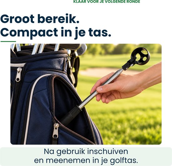 Iemand schuift de compacte, ingeschoven Stripe golfbalhengel in een zijvak van een golftas op een golfbaan.