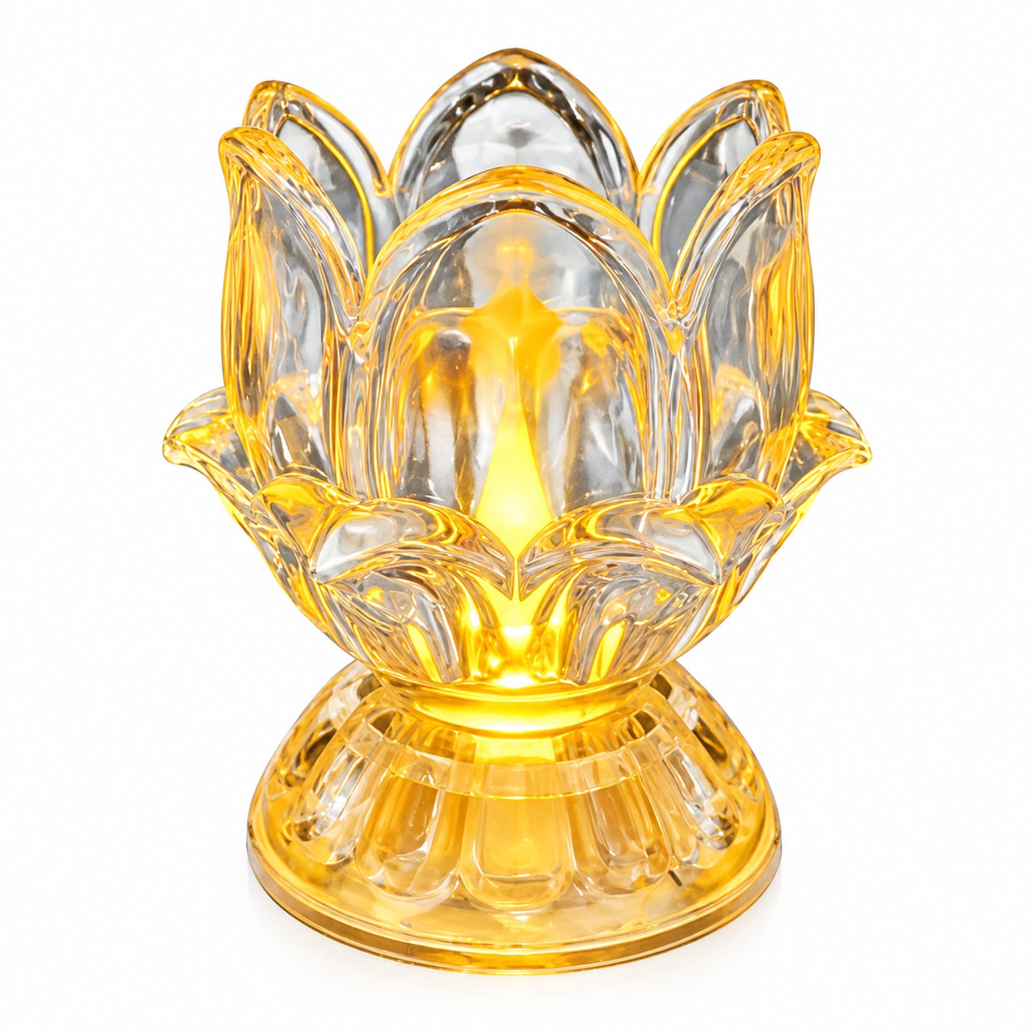 SWGOTA led kaarsen: transparante lotuslamp met warmgeel licht en voet, 7,4 cm breed en 8 cm hoog, voor een boeddhistisch altaar