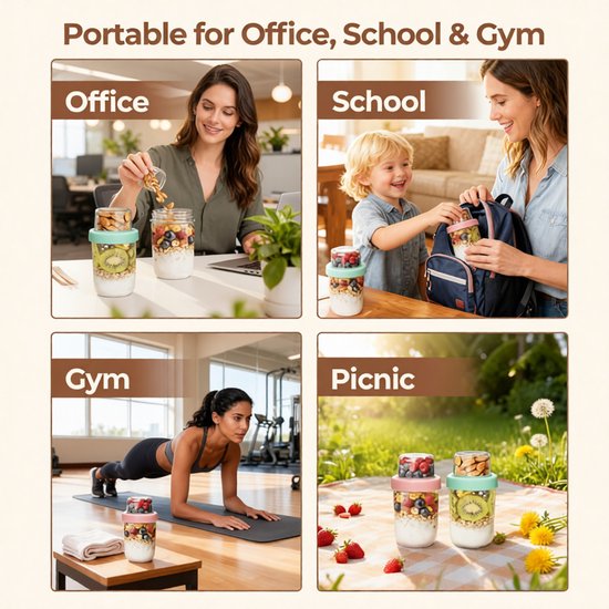 Overnight Oats Beker Set van 4 - 480 ml + 120 ml Gescheiden Vakken - Glazen Yoghurtbekers met Siliconen Hoes en Lekvrij Deksel - Roze & Groen — afbeelding 4
