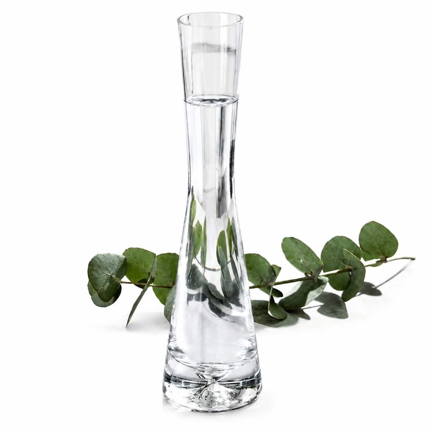 SWGOTA Transparante glazen bloemenvaas, 20 cm hoog, vlakke rand van 3.5 cm, slanke taille en verbrede ronde voet, in kartonnen doos